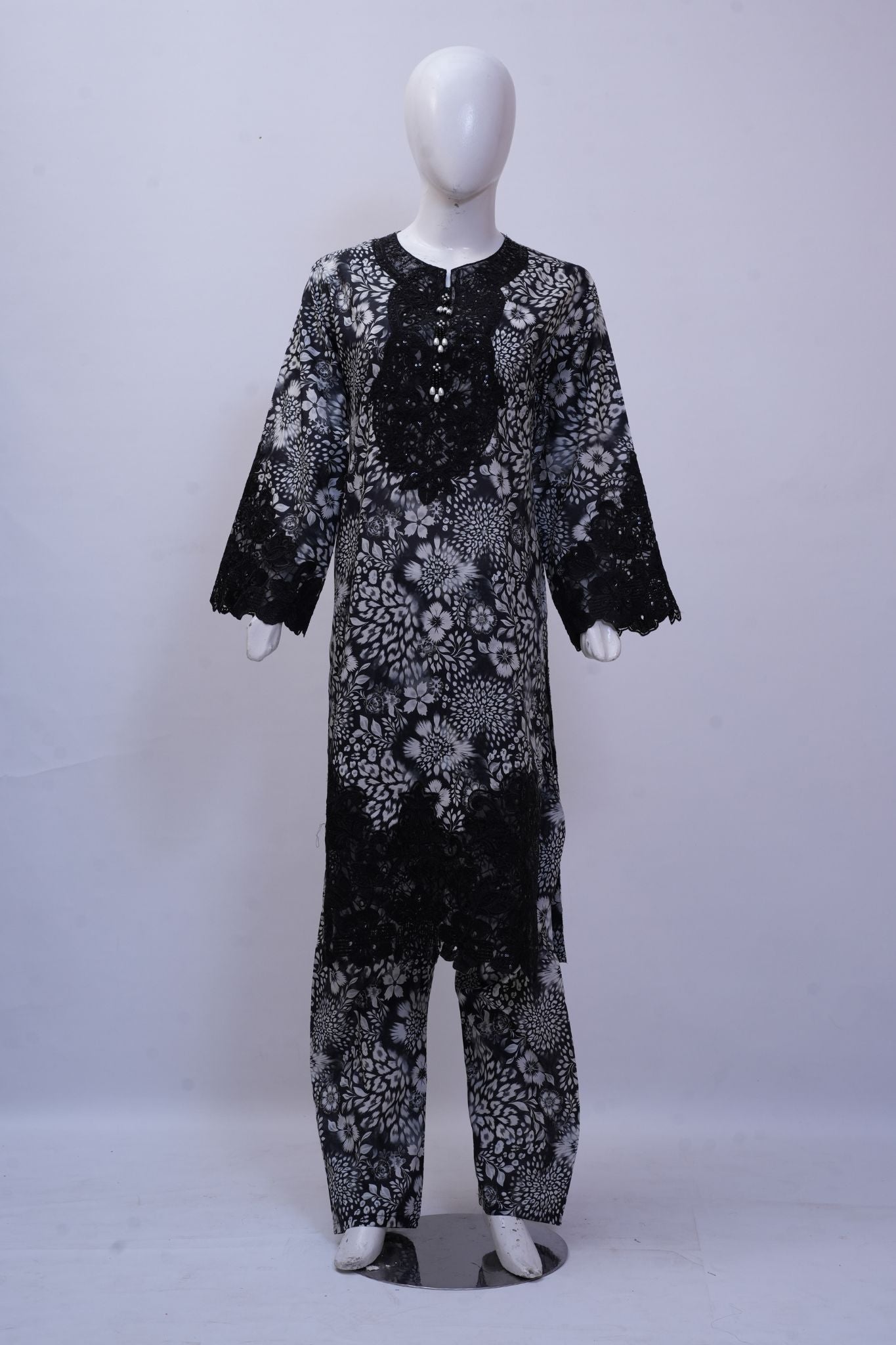 Charcoal Monochrome Floral 3-Piece Stitched Embroidered Suit