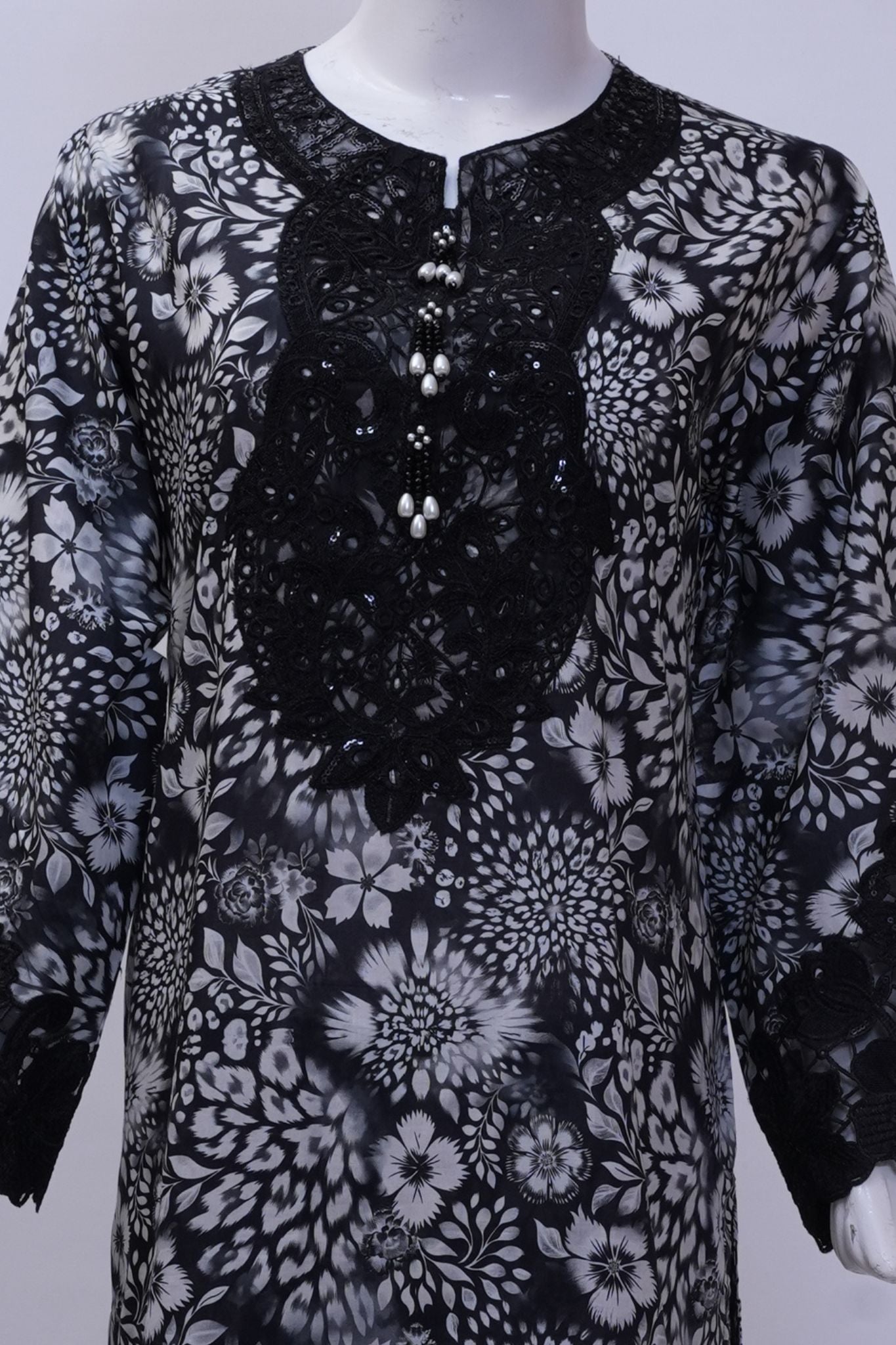 Charcoal Monochrome Floral 3-Piece Stitched Embroidered Suit