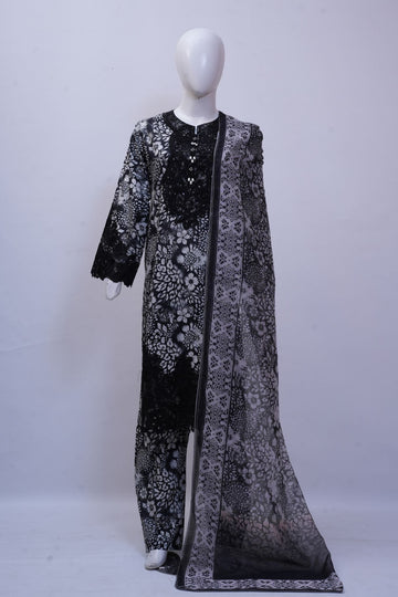 Charcoal Monochrome Floral 3-Piece Stitched Embroidered Suit