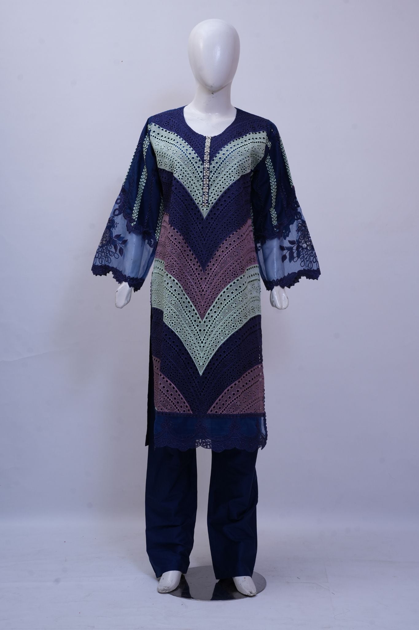 Navy & Mint Chevron Schiffli 3-Piece Stitched Embroidered Suit
