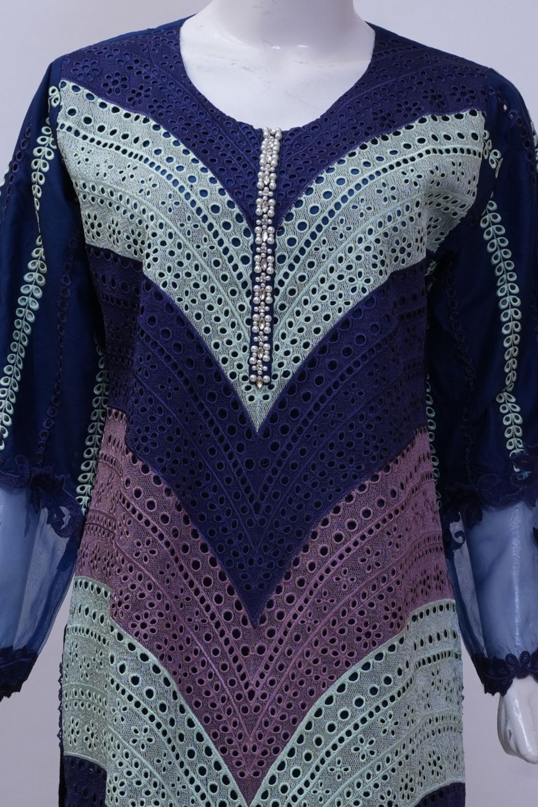 Navy & Mint Chevron Schiffli 3-Piece Stitched Embroidered Suit