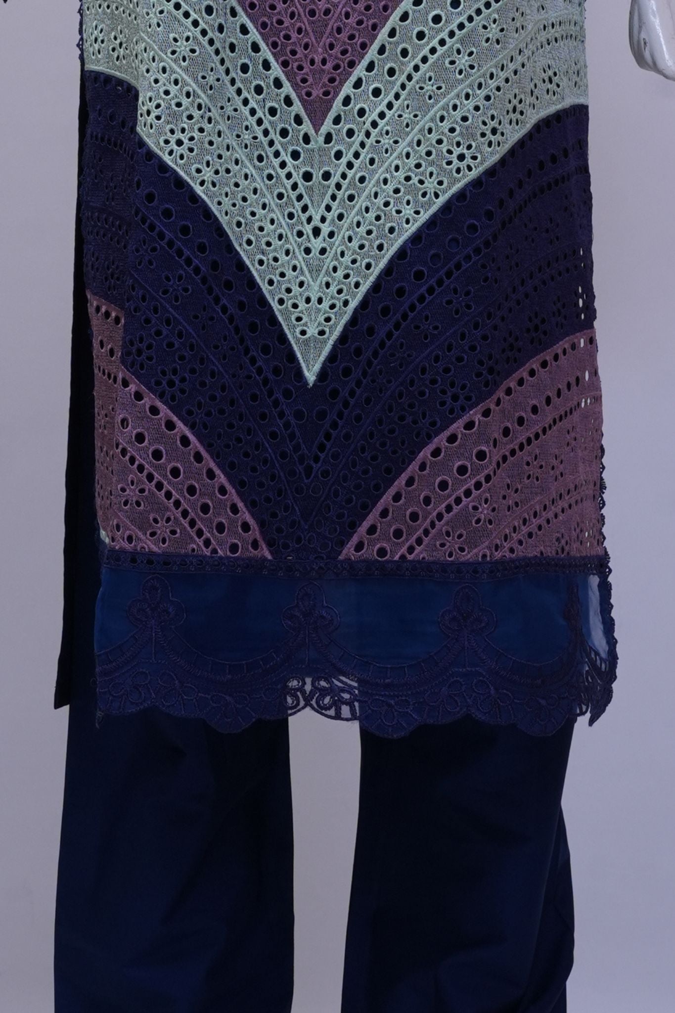 Navy & Mint Chevron Schiffli 3-Piece Stitched Embroidered Suit