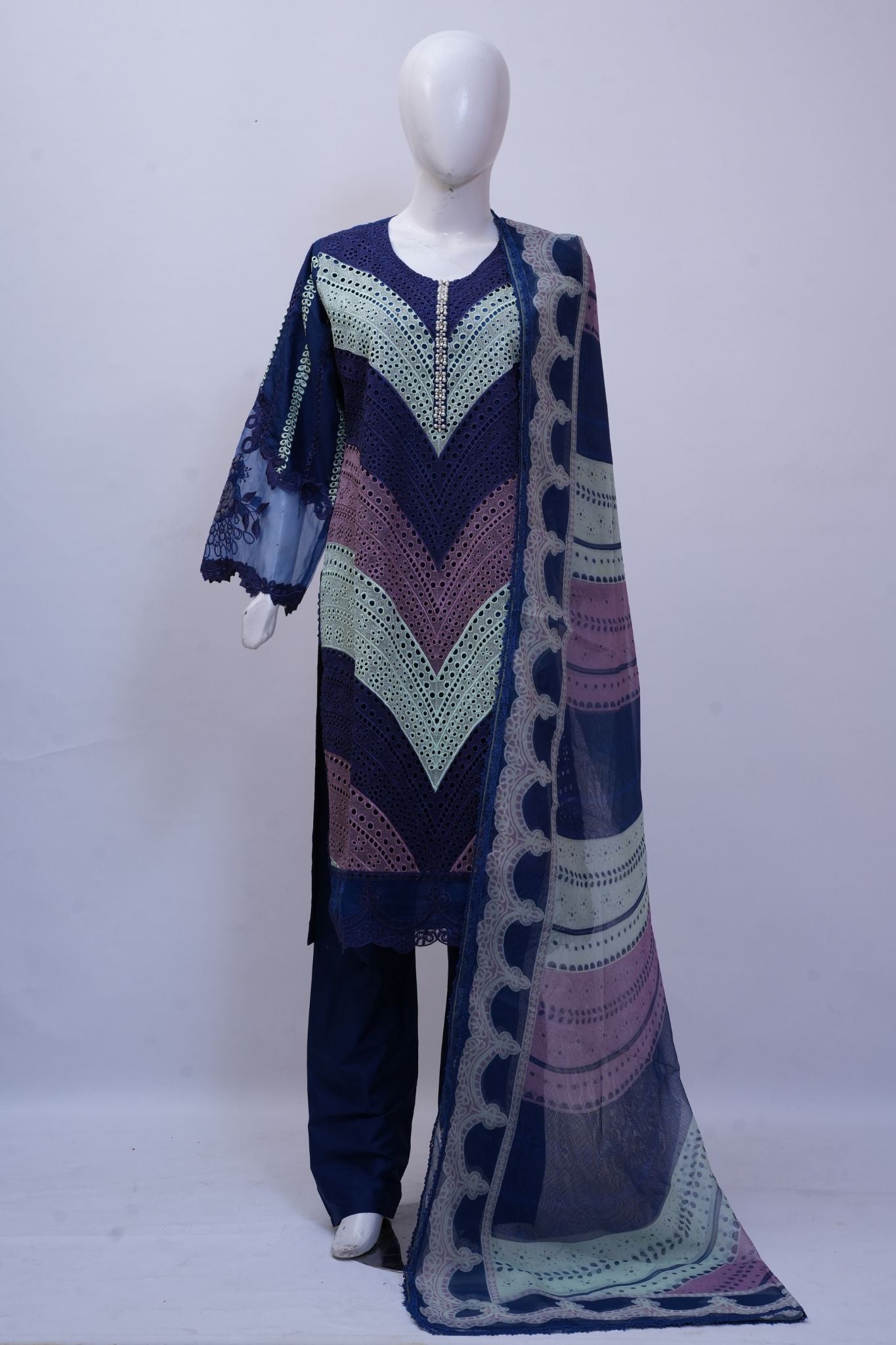 Navy & Mint Chevron Schiffli 3-Piece Stitched Embroidered Suit