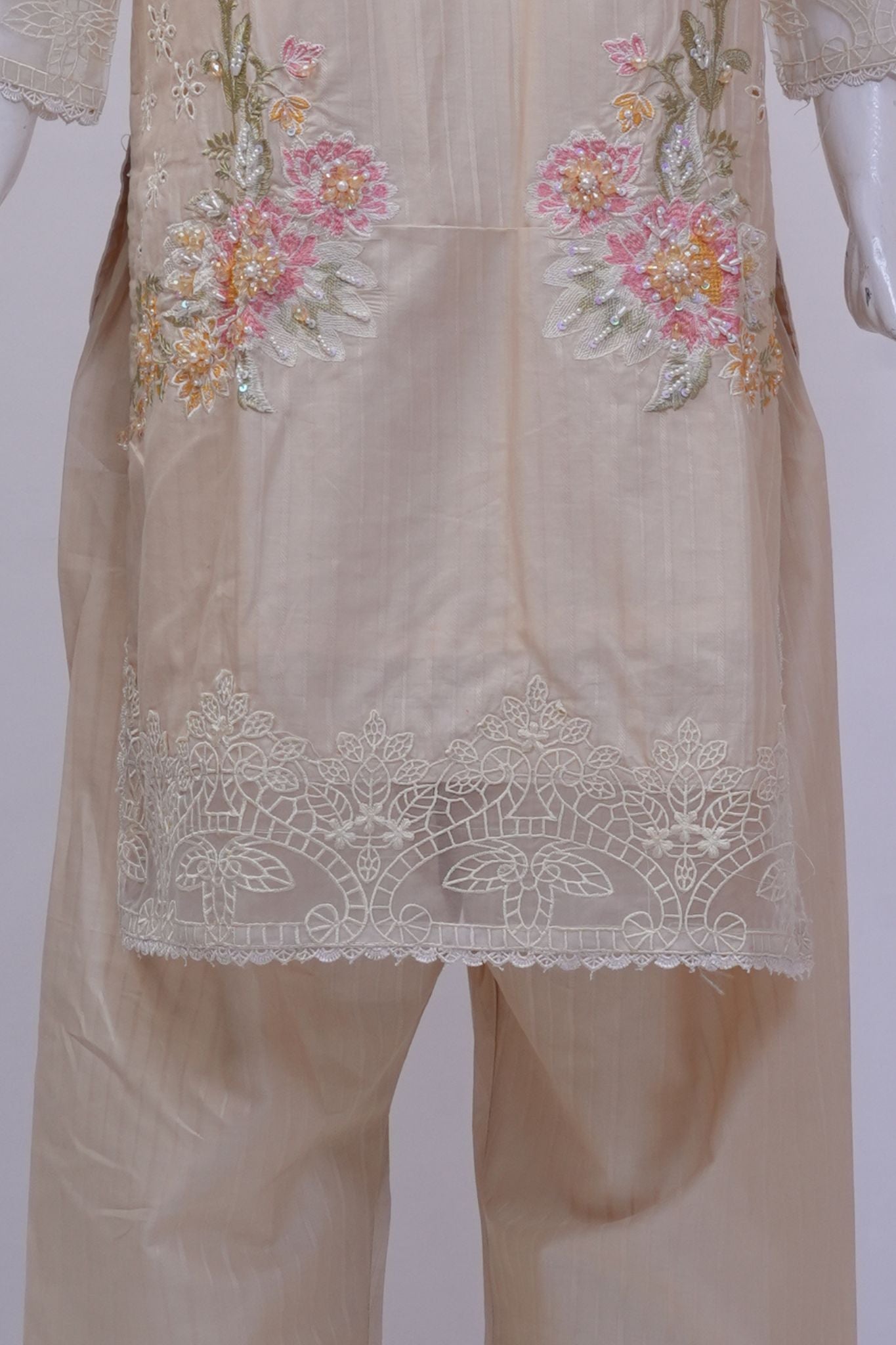 Pastel Beige Floral Embroidered 3-Piece Stitched Suit