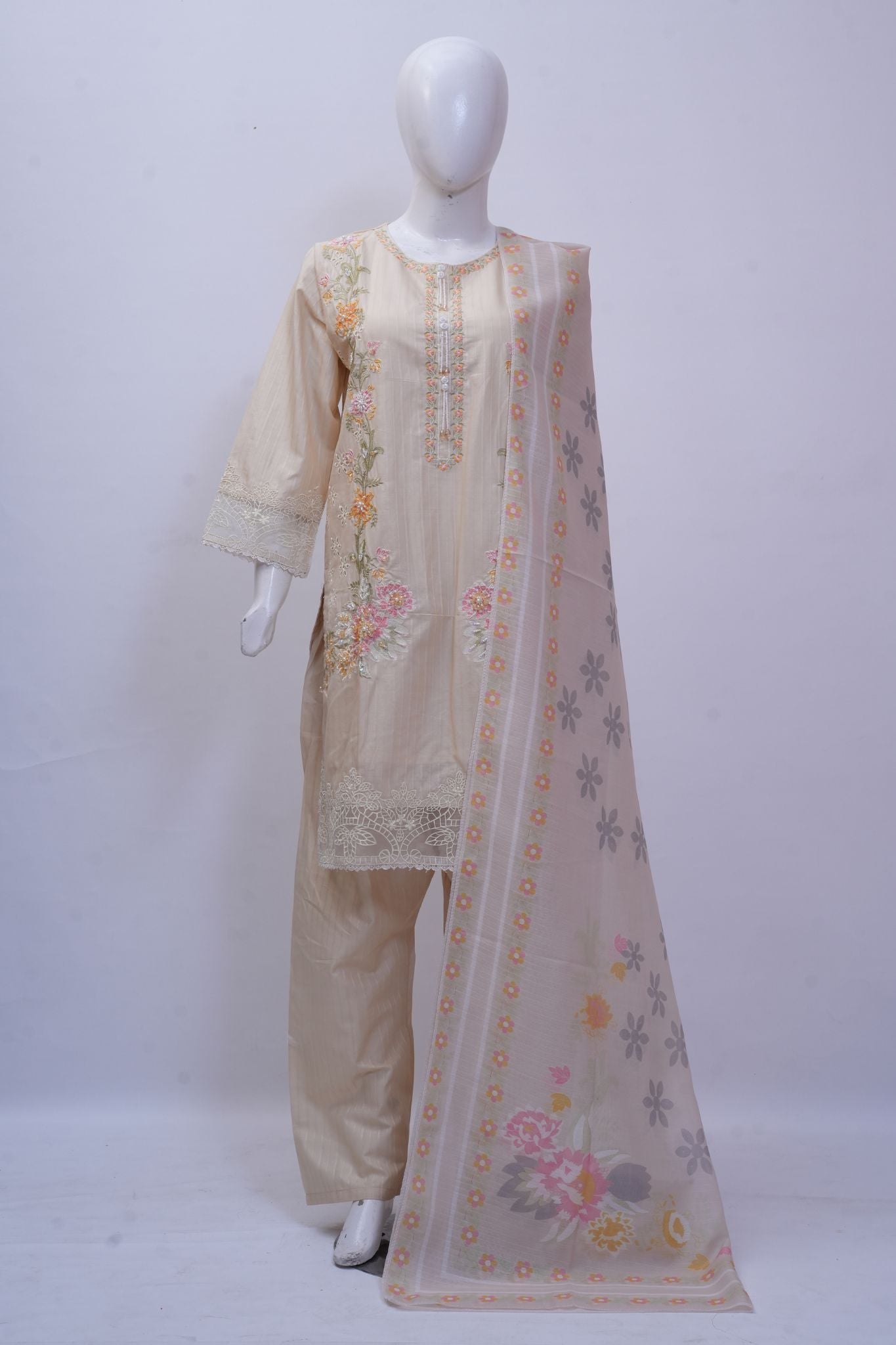 Pastel Beige Floral Embroidered 3-Piece Stitched Suit
