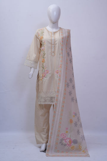 Pastel Beige Floral Embroidered 3-Piece Stitched Suit