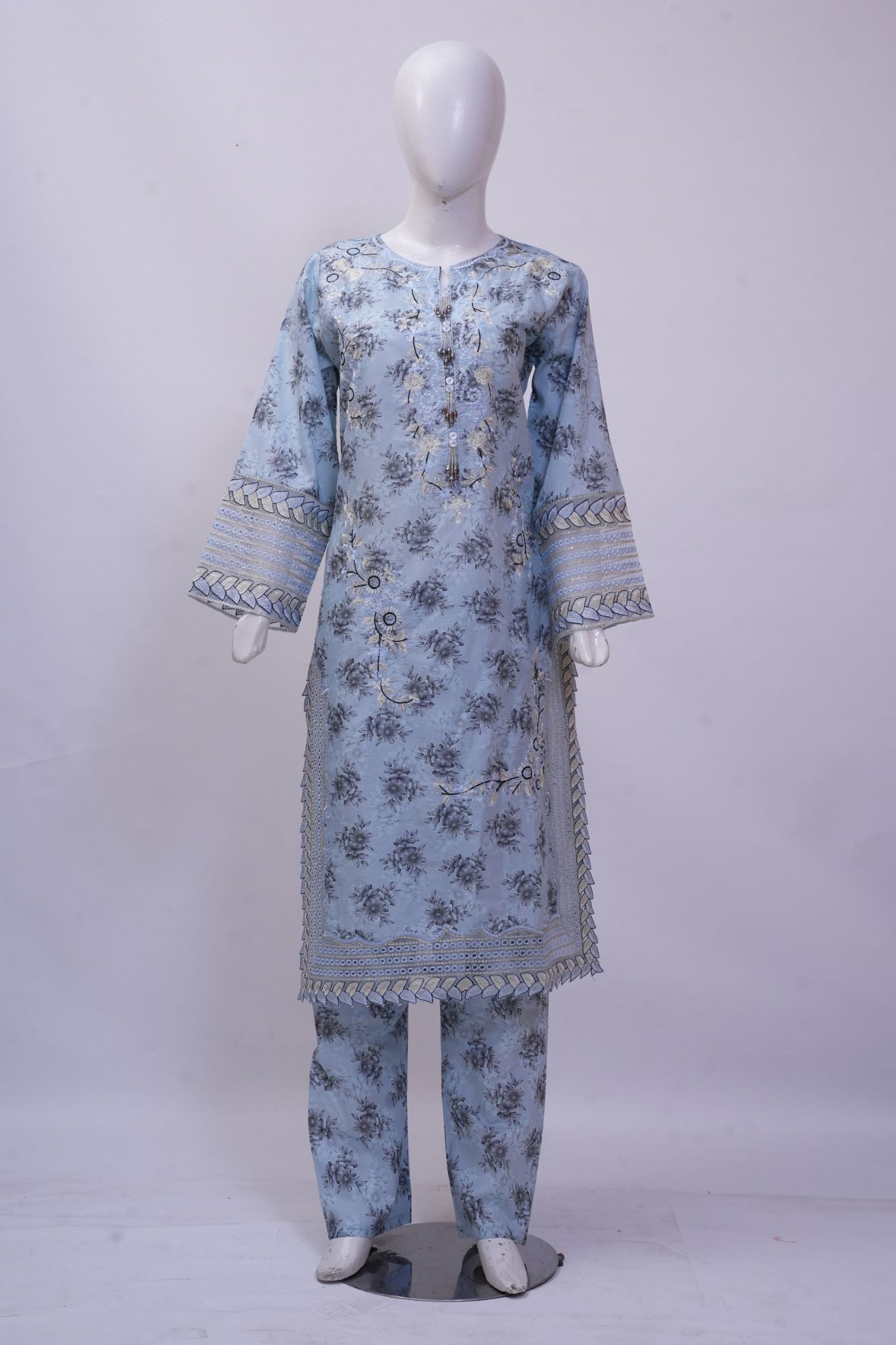 Ice Blue Floral Embroidered 3-Piece Stitched Suit