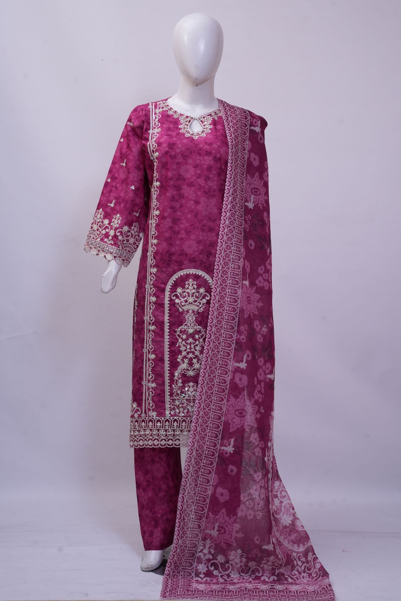 Vibrant Magenta Floral Embroidered 3-Piece Stitched Suit