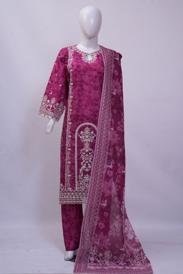 Vibrant Magenta Floral Embroidered 3-Piece Stitched Suit