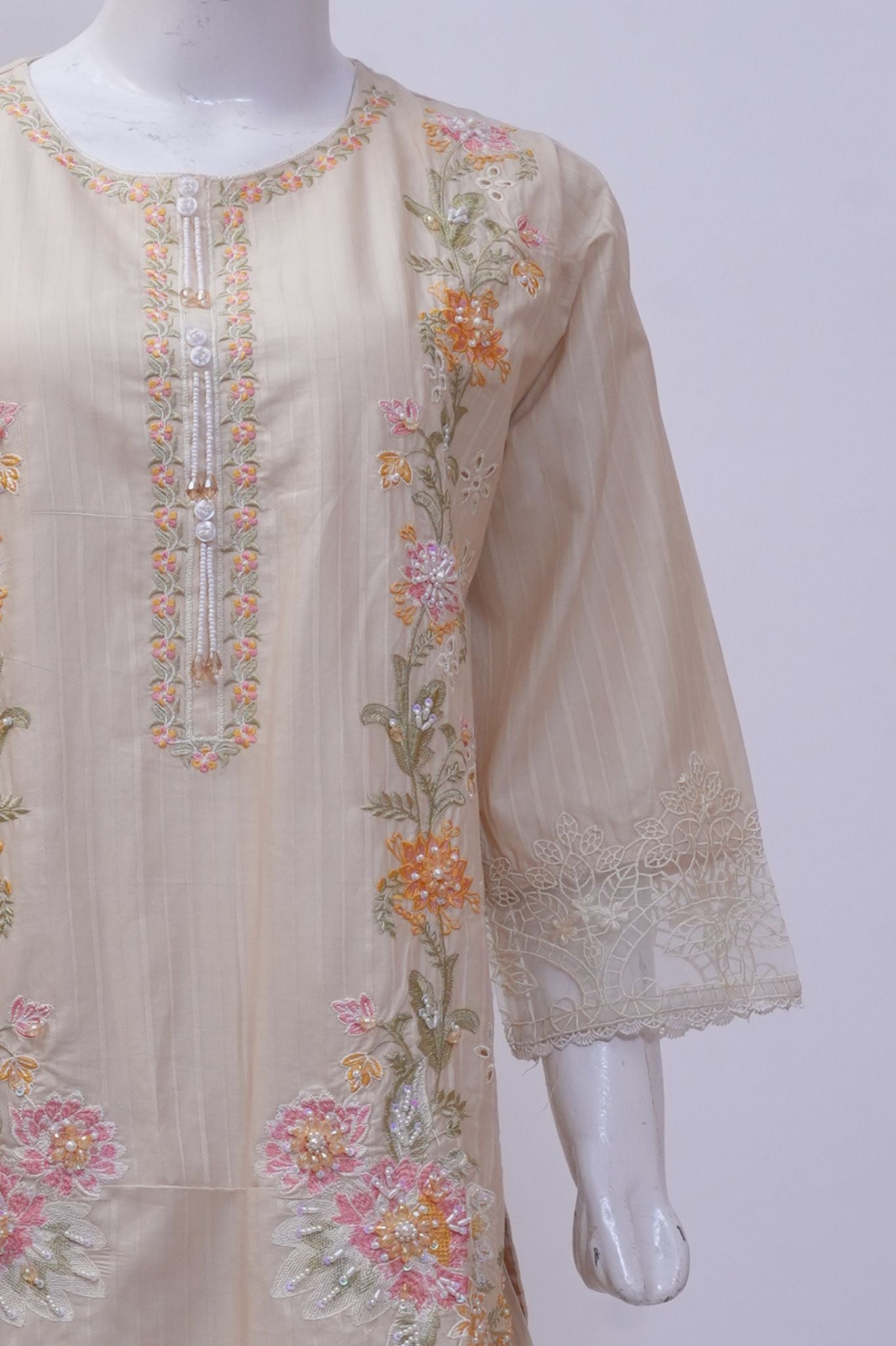 Pastel Beige Floral Embroidered 3-Piece Stitched Suit