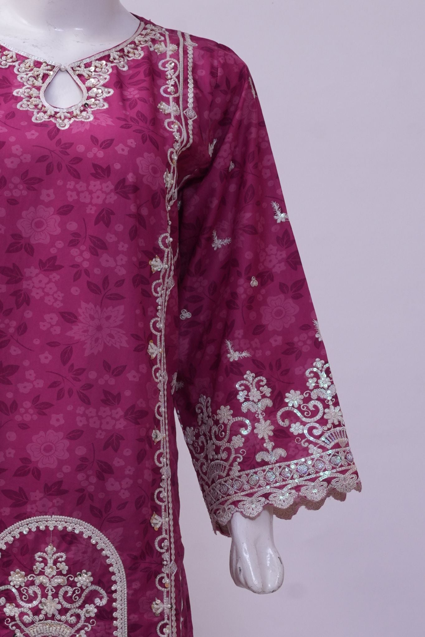 Vibrant Magenta Floral Embroidered 3-Piece Stitched Suit