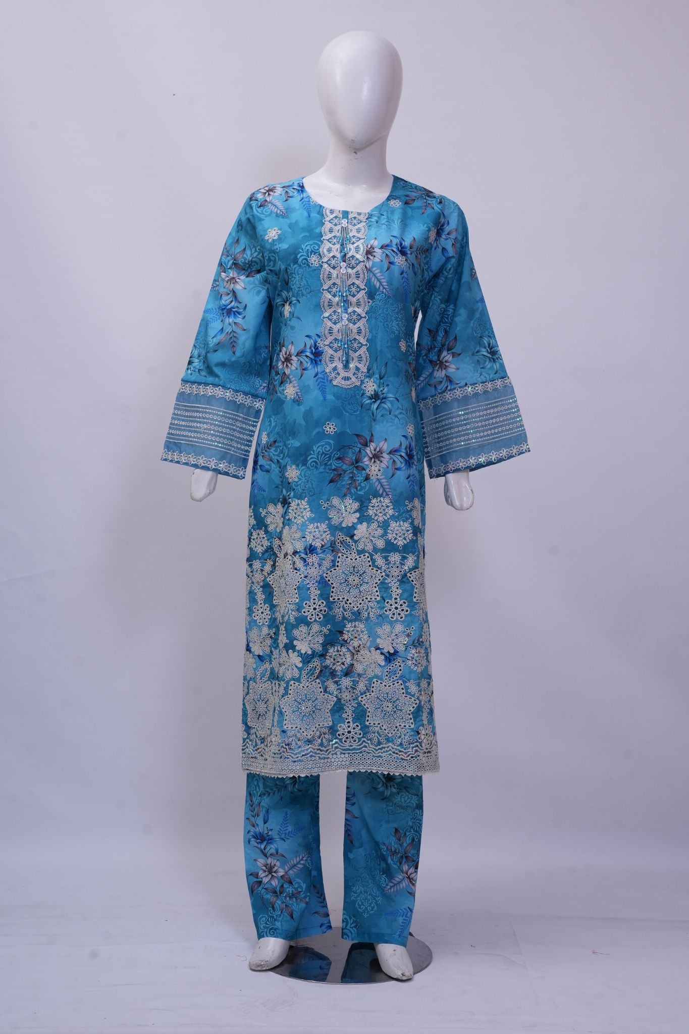Sky Blue Floral Embroidered 3-Piece Stitched Suit