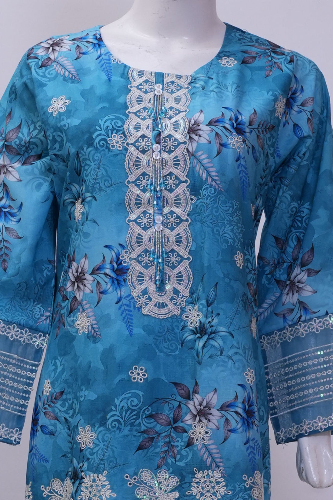 Sky Blue Floral Embroidered 3-Piece Stitched Suit