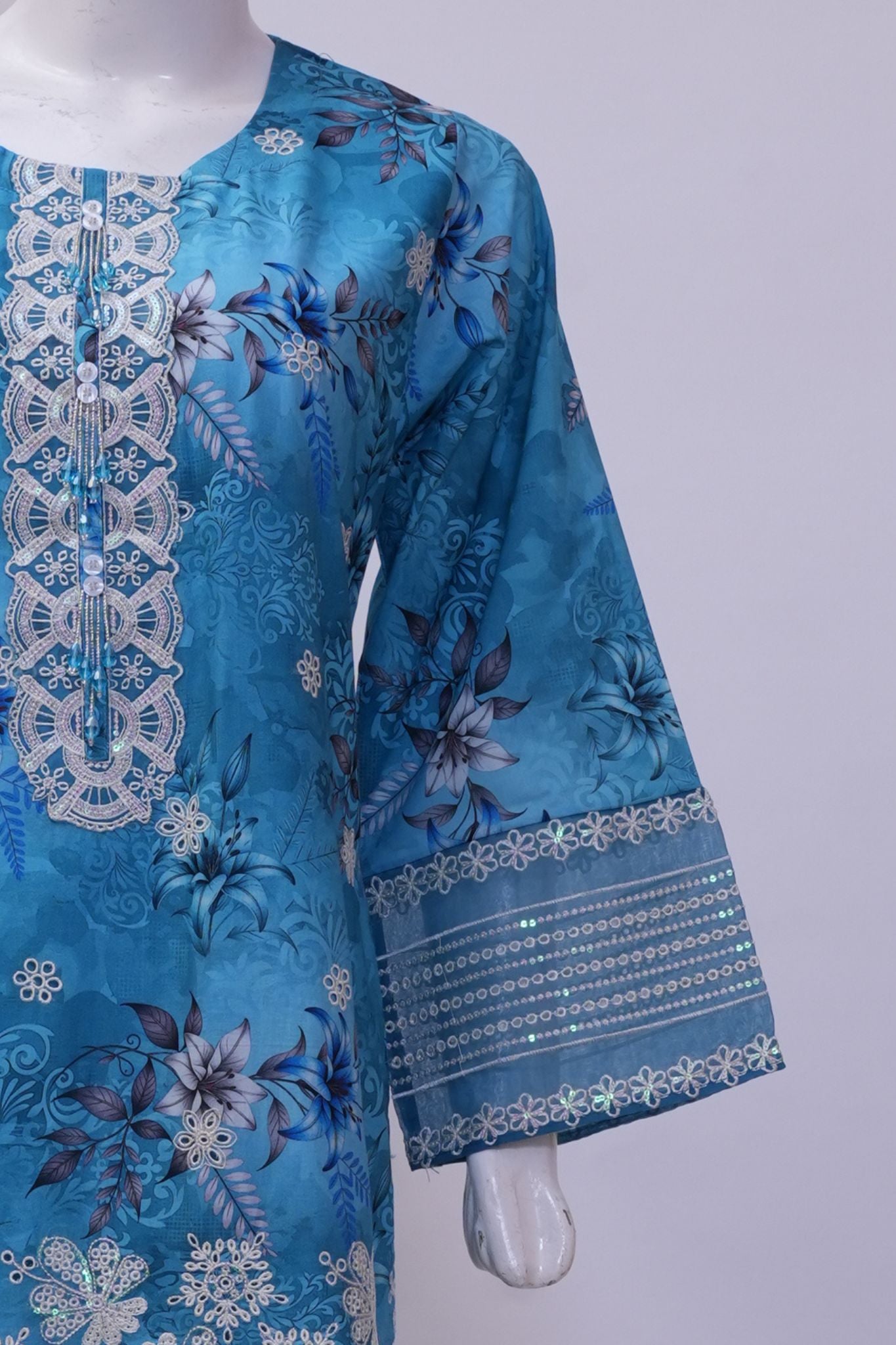Sky Blue Floral Embroidered 3-Piece Stitched Suit