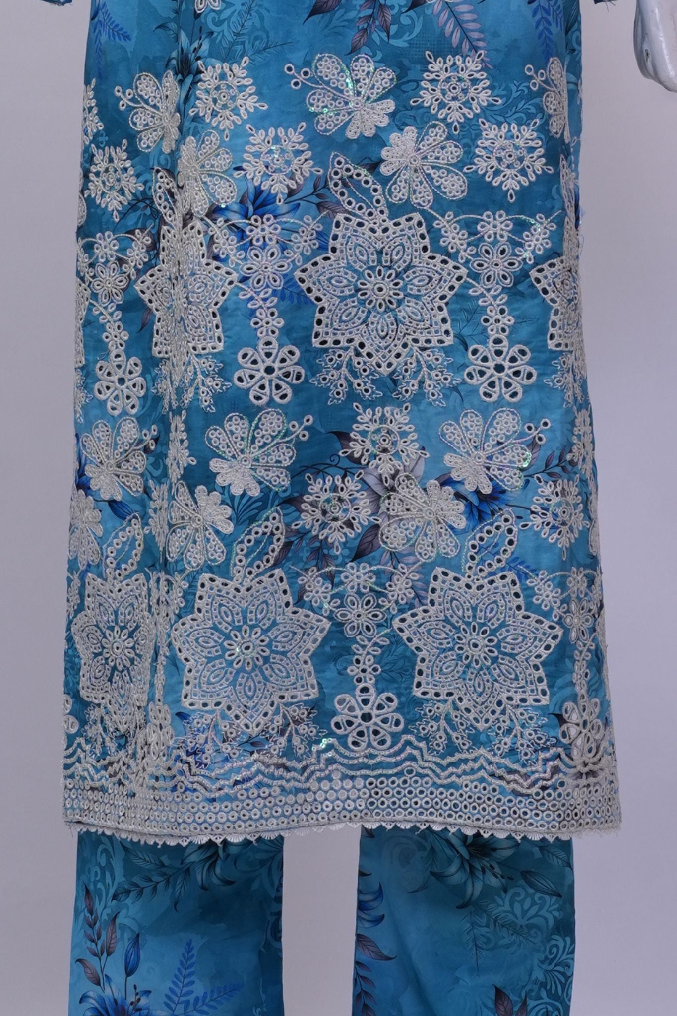 Sky Blue Floral Embroidered 3-Piece Stitched Suit