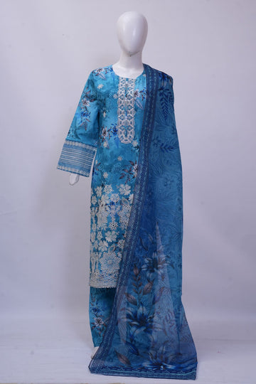 Sky Blue Floral Embroidered 3-Piece Stitched Suit
