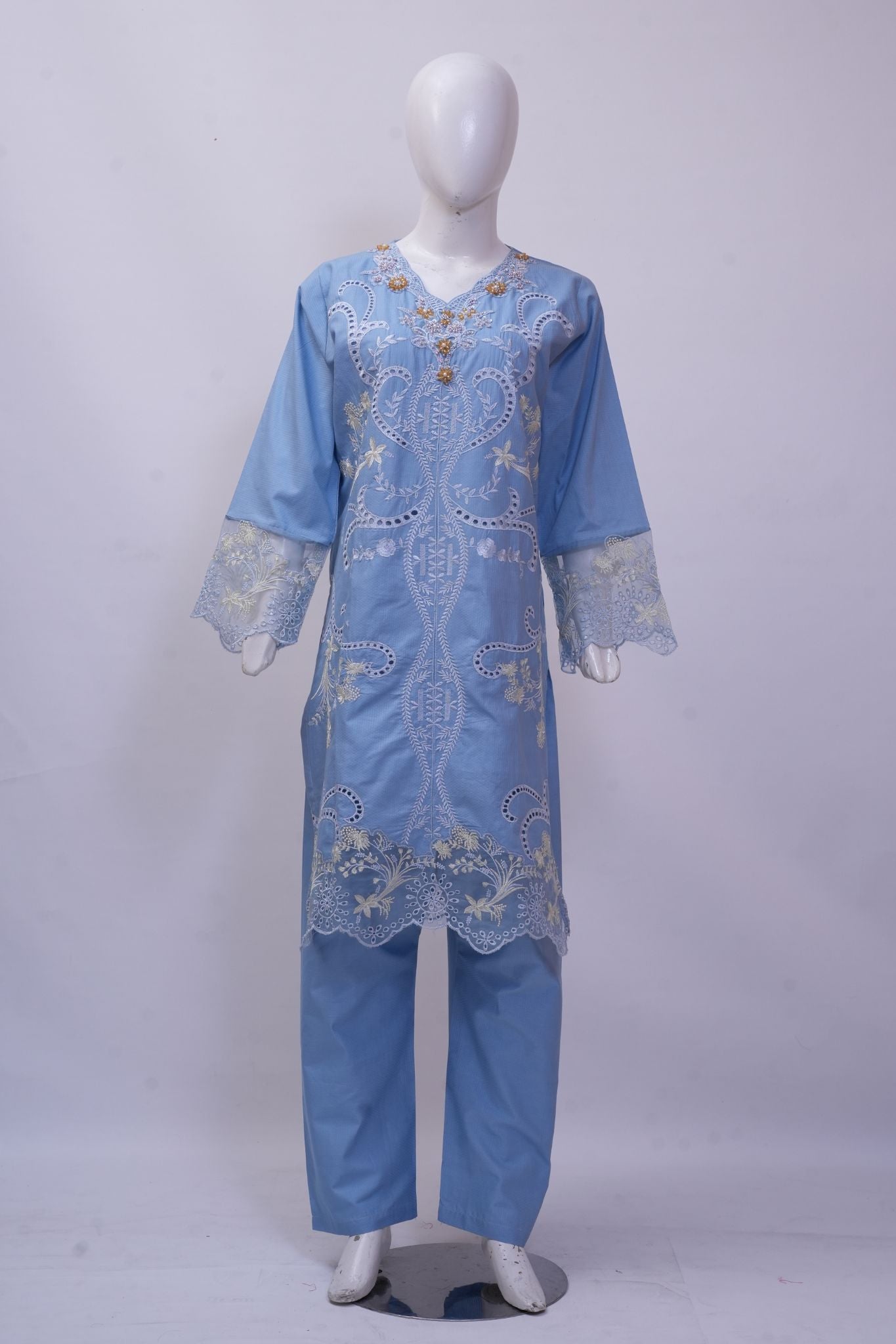 Pastel Powder Blue Embroidered 3-Piece Stitched Suit