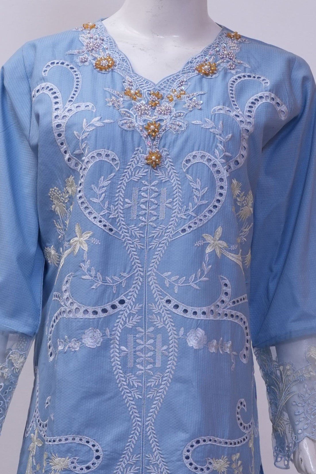 Pastel Powder Blue Embroidered 3-Piece Stitched Suit