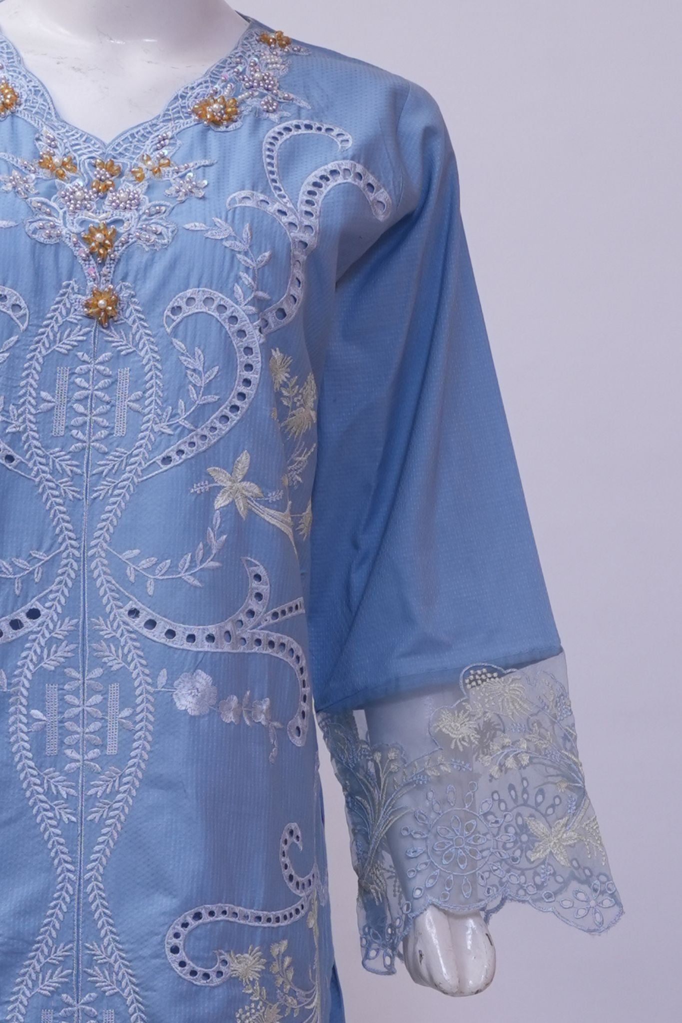 Pastel Powder Blue Embroidered 3-Piece Stitched Suit