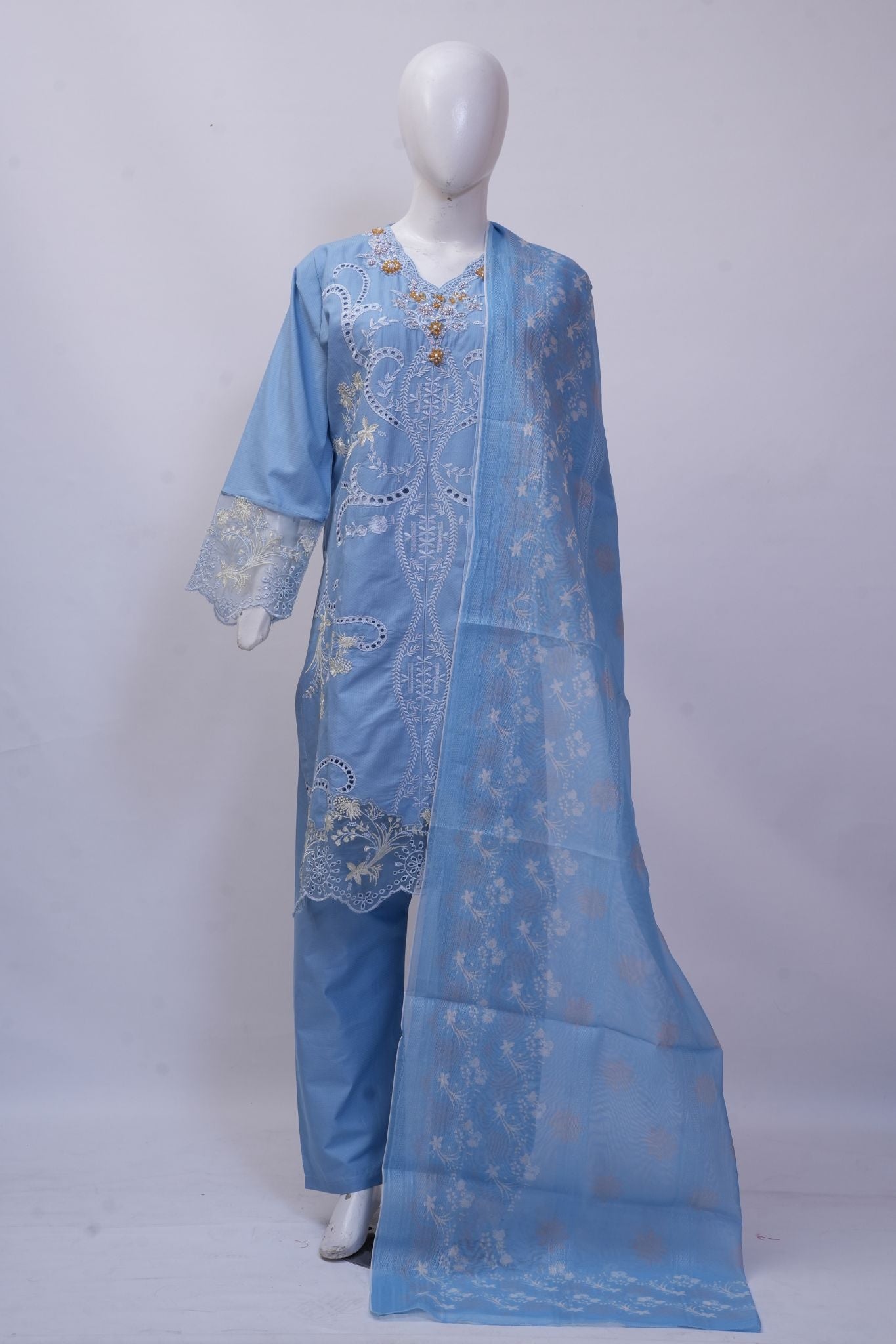 Pastel Powder Blue Embroidered 3-Piece Stitched Suit