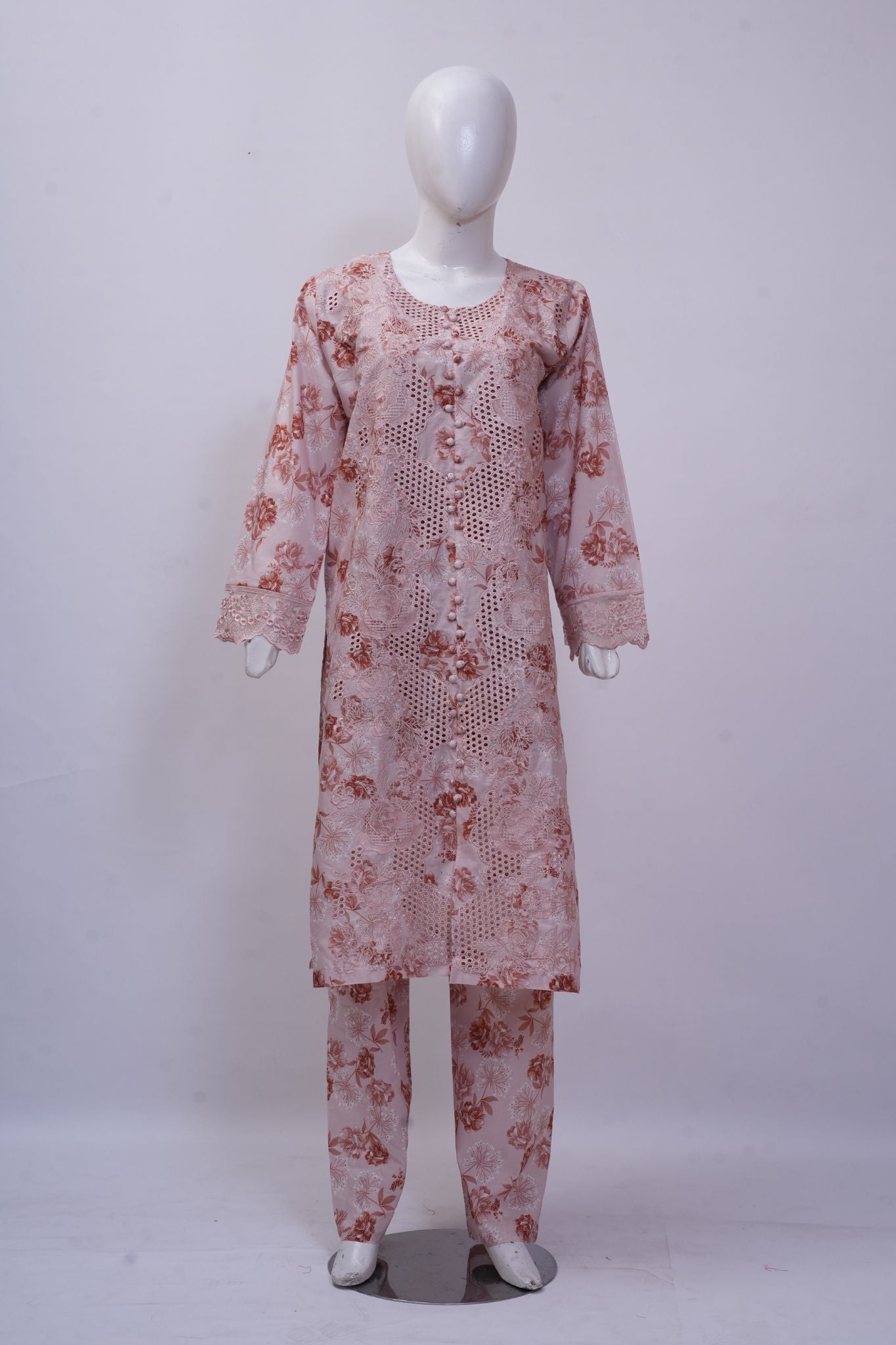 Blush Pink Floral Schiffli Embroidered 3-Piece Stitched Suit