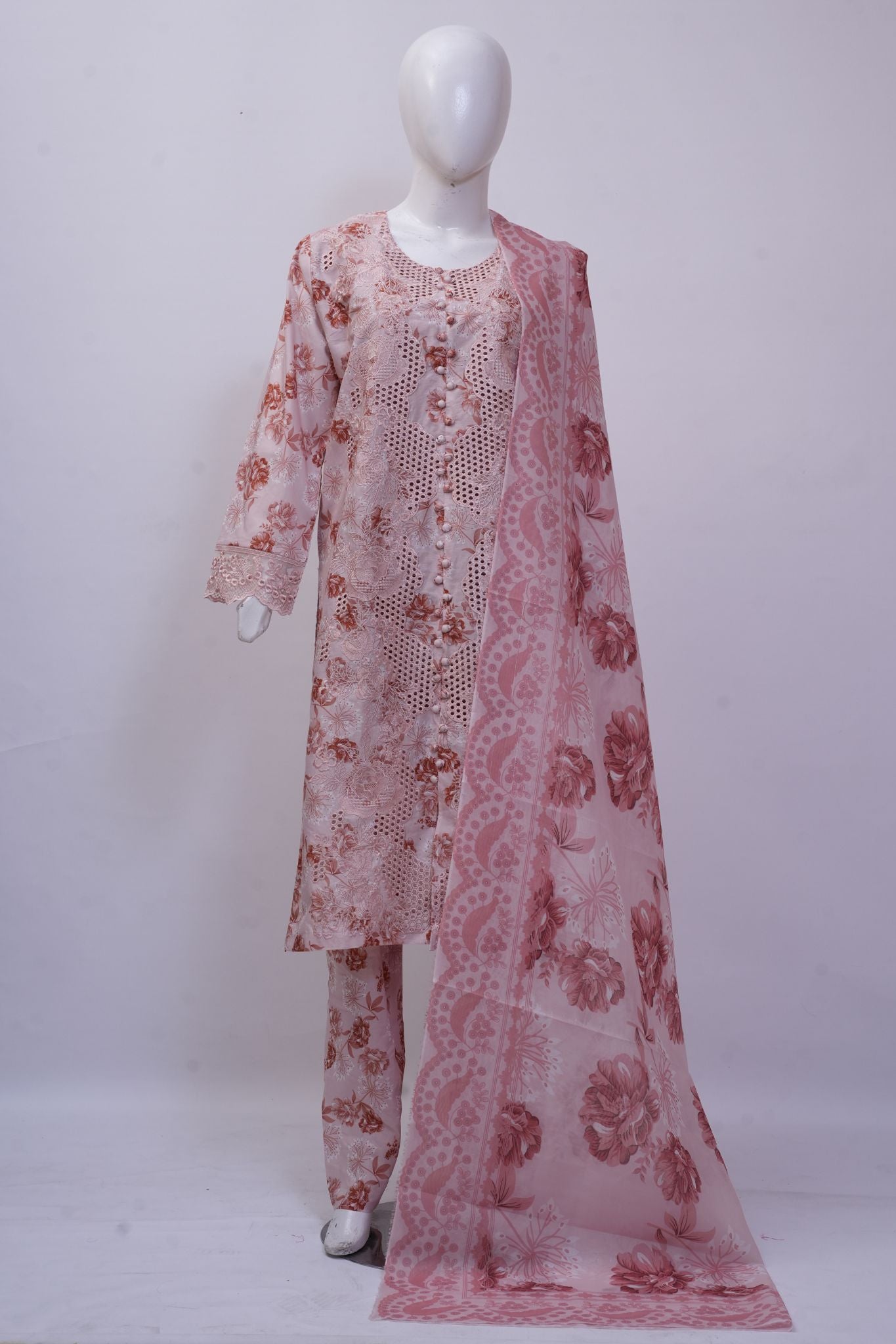 Blush Pink Floral Schiffli Embroidered 3-Piece Stitched Suit