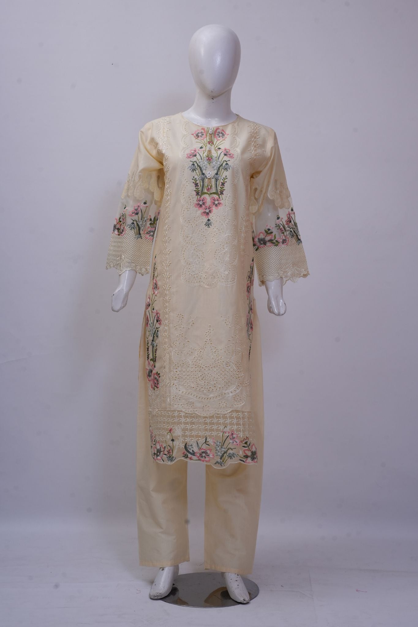 Pastel Cream Floral Embroidered 3-Piece Stitched Suit