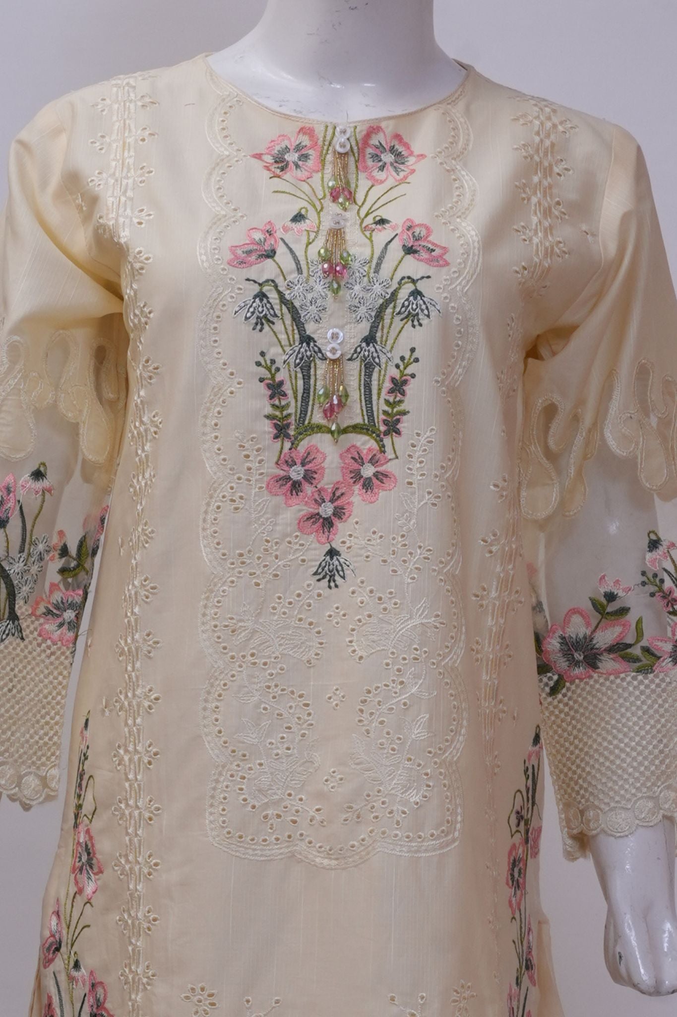Pastel Cream Floral Embroidered 3-Piece Stitched Suit