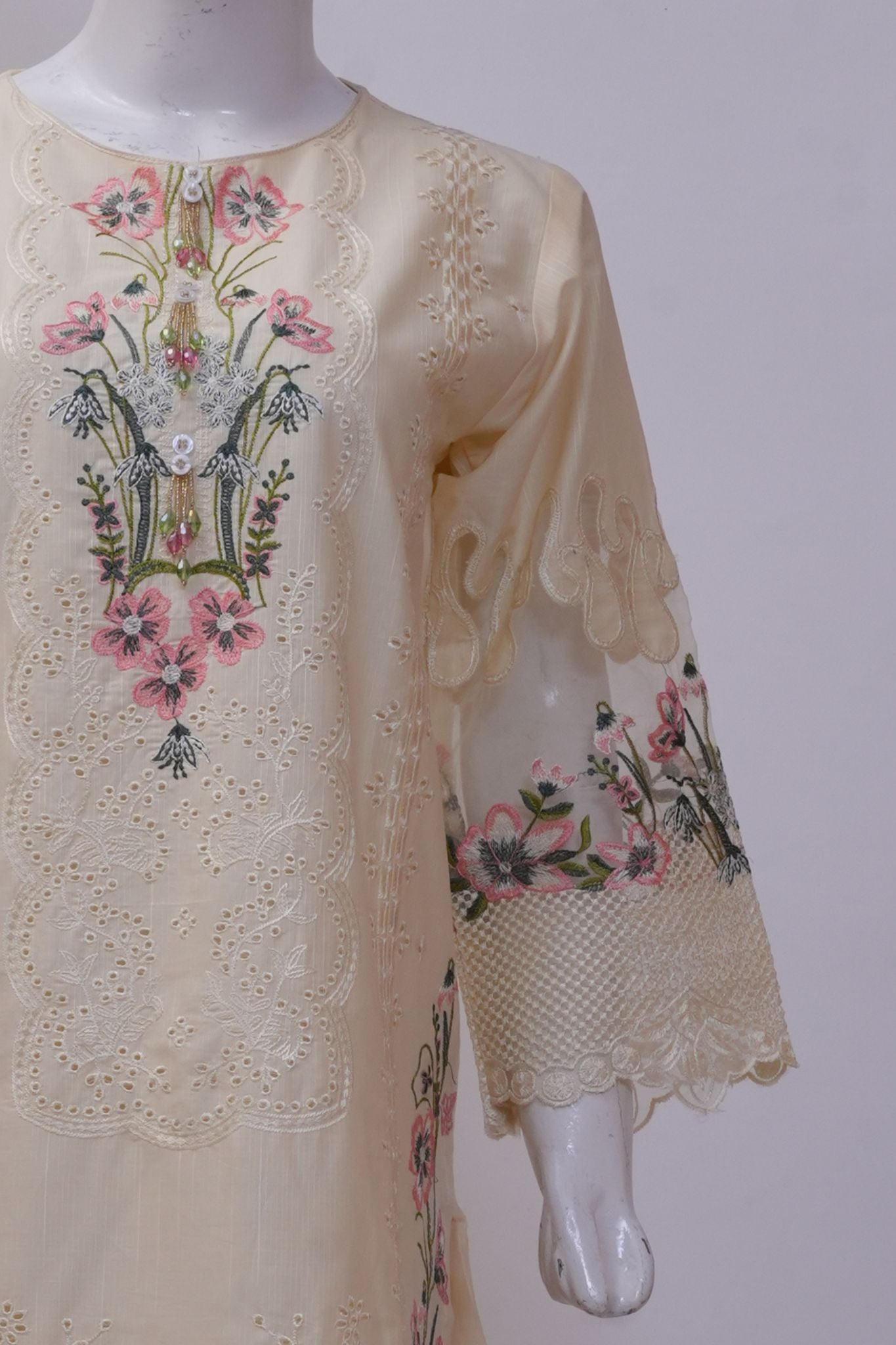 Pastel Cream Floral Embroidered 3-Piece Stitched Suit