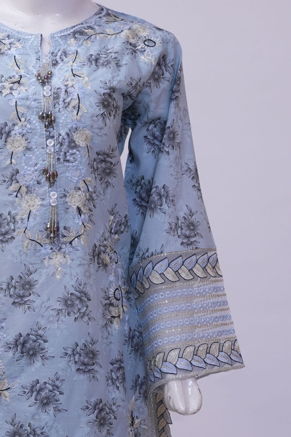 Ice Blue Floral Embroidered 3-Piece Stitched Suit