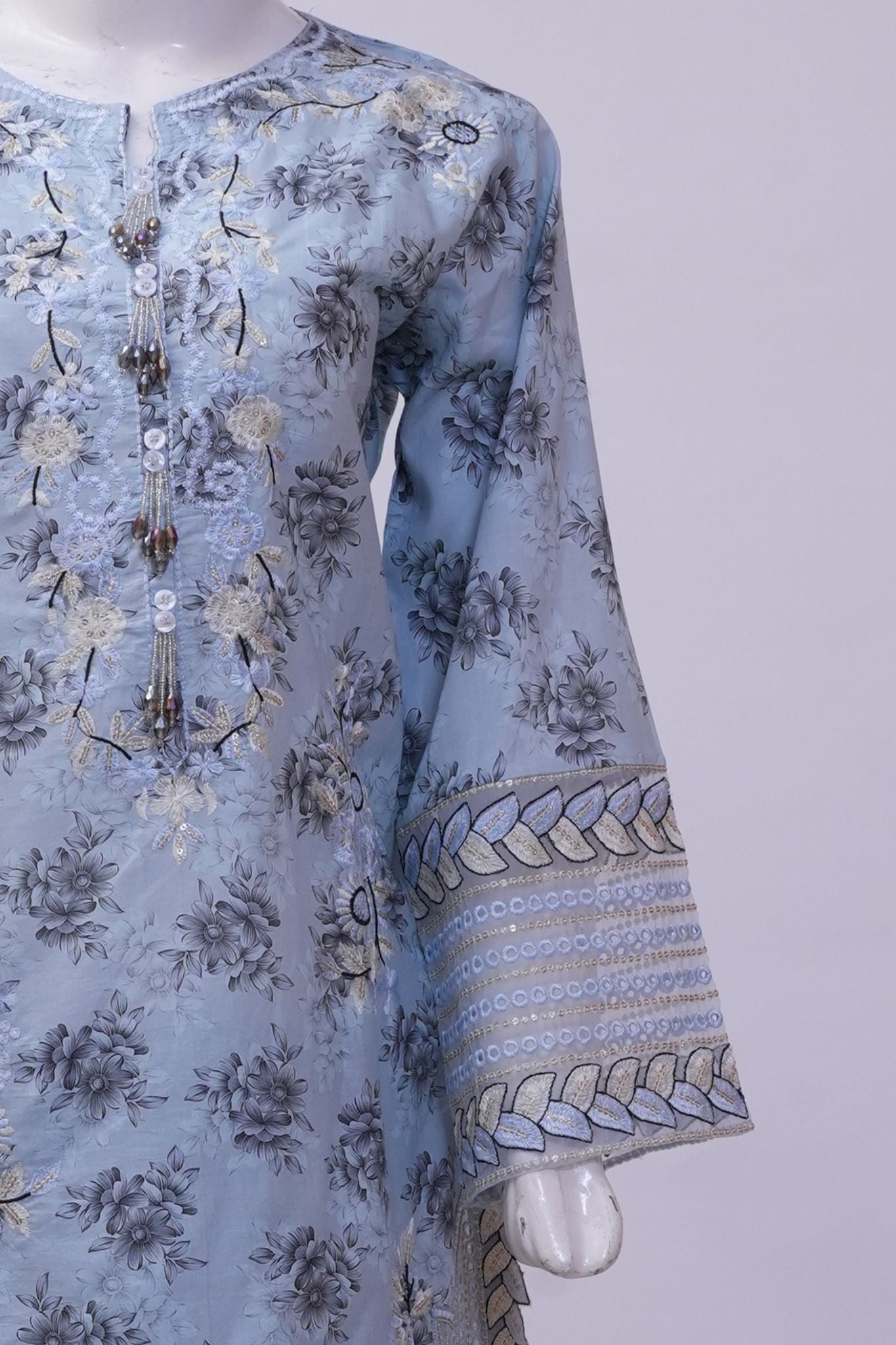 Ice Blue Floral Embroidered 3-Piece Stitched Suit