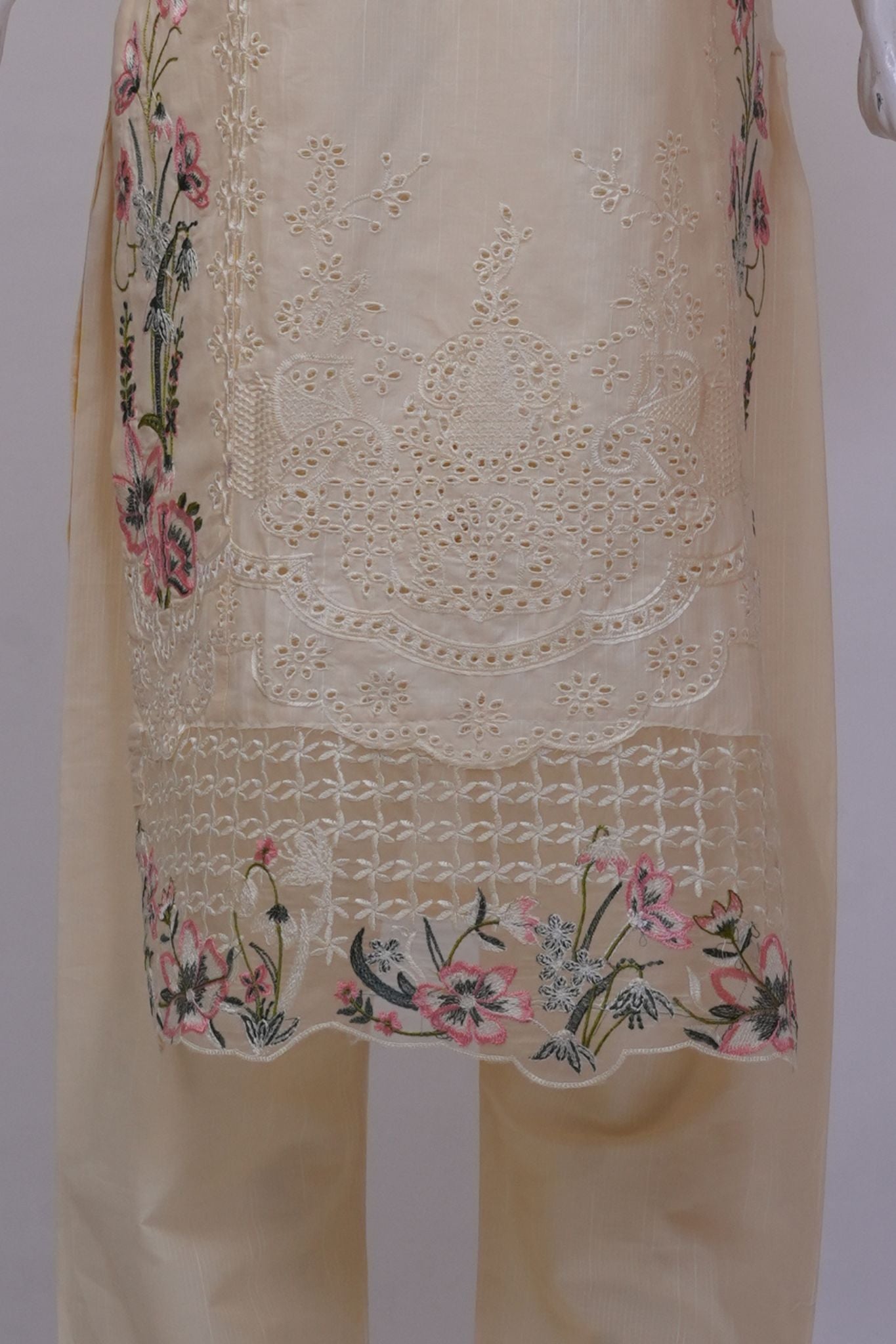Pastel Cream Floral Embroidered 3-Piece Stitched Suit