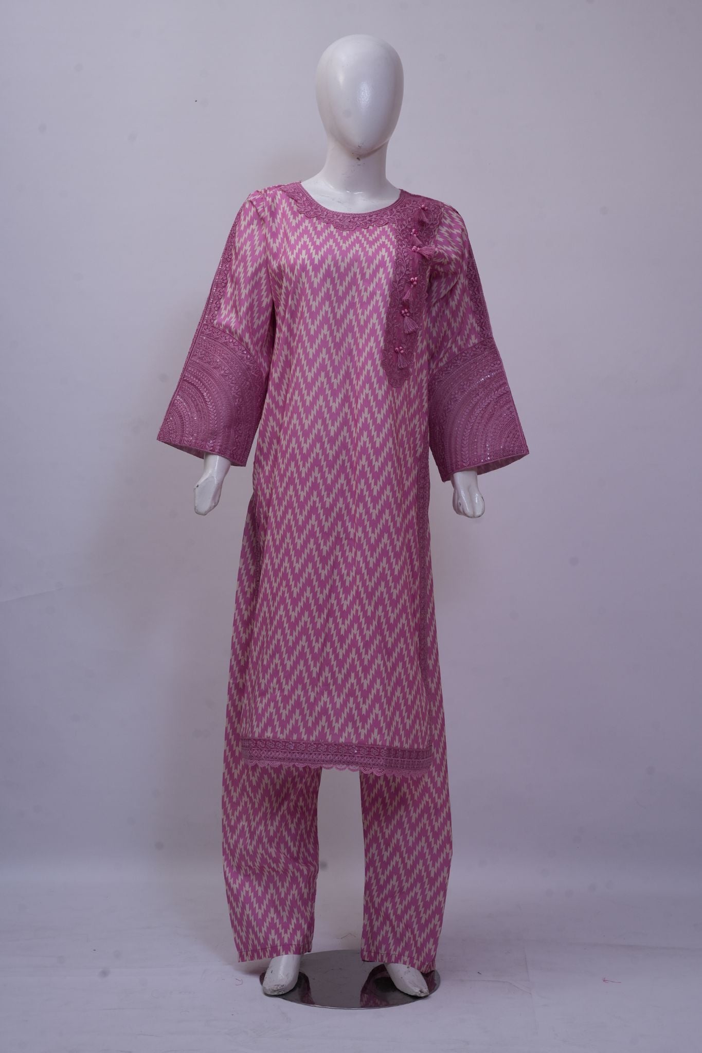 Dusty Rose Pink Ikat Printed 3-Piece Stitched Suit