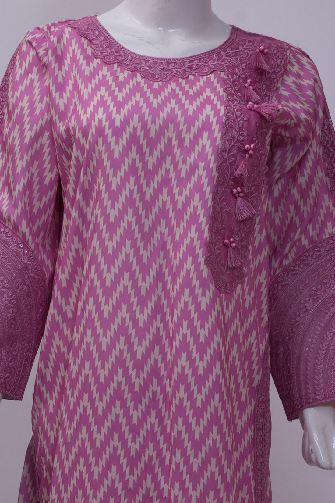 Dusty Rose Pink Ikat Printed 3-Piece Stitched Suit