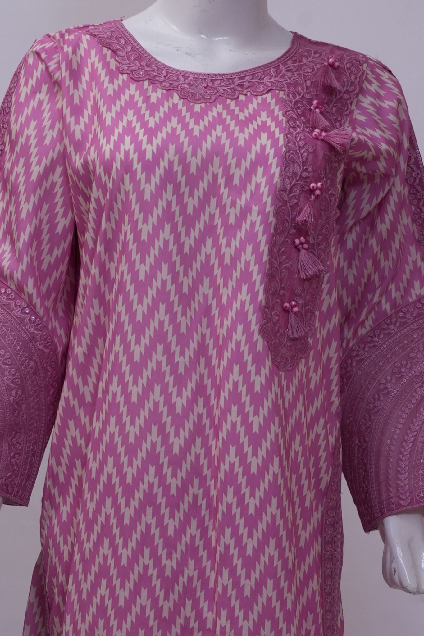 Dusty Rose Pink Ikat Printed 3-Piece Stitched Suit