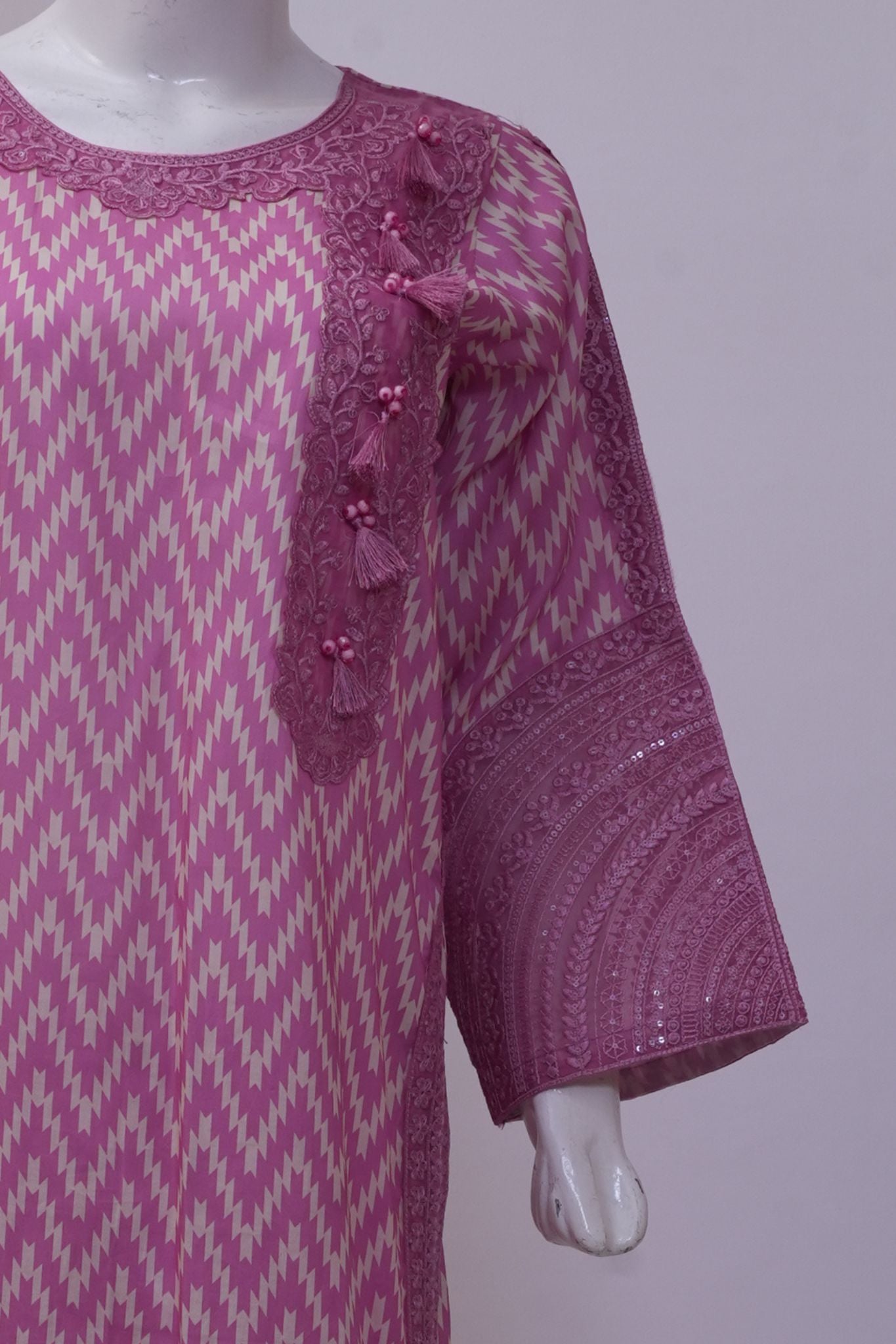 Dusty Rose Pink Ikat Printed 3-Piece Stitched Suit