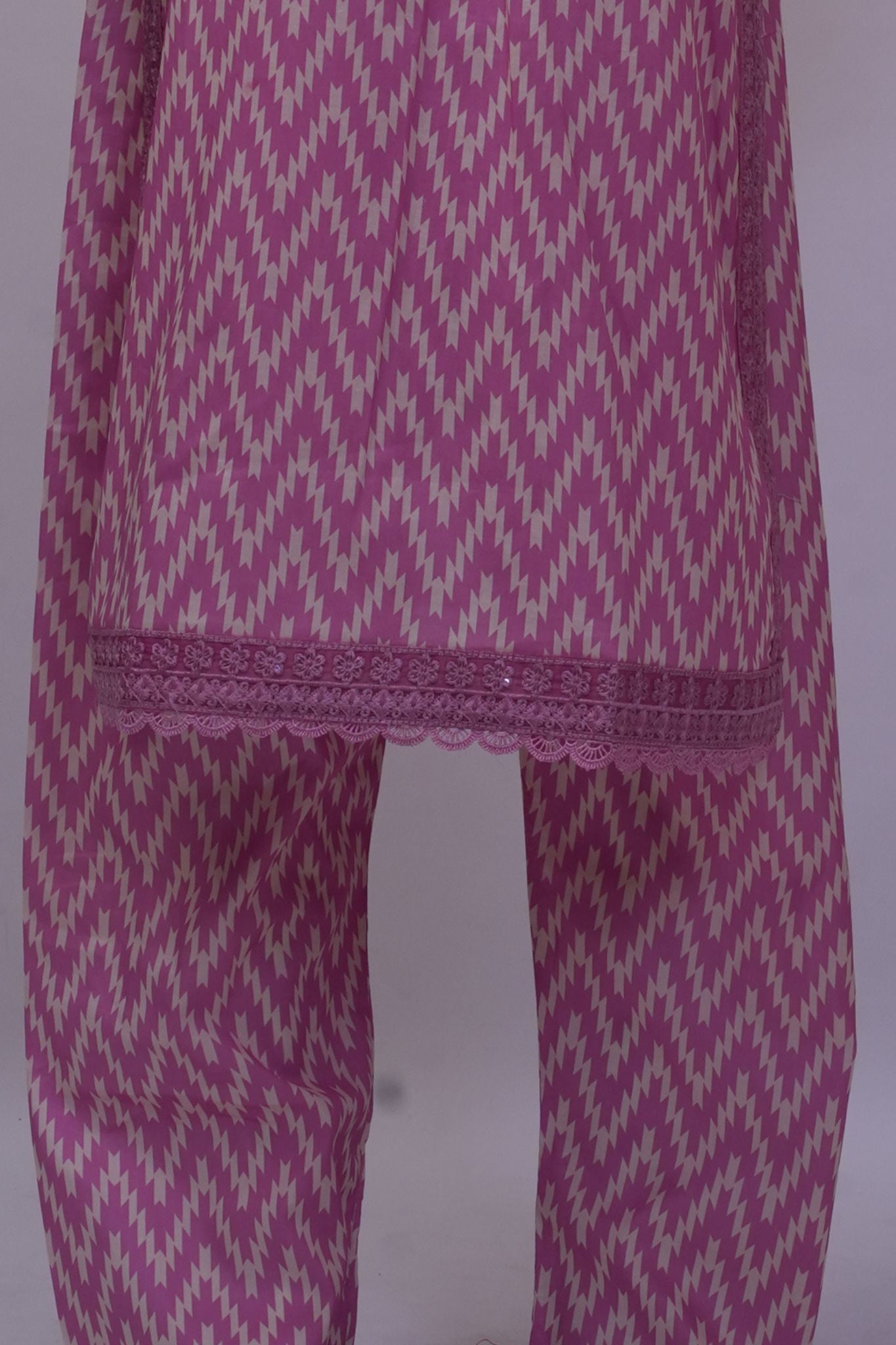 Dusty Rose Pink Ikat Printed 3-Piece Stitched Suit