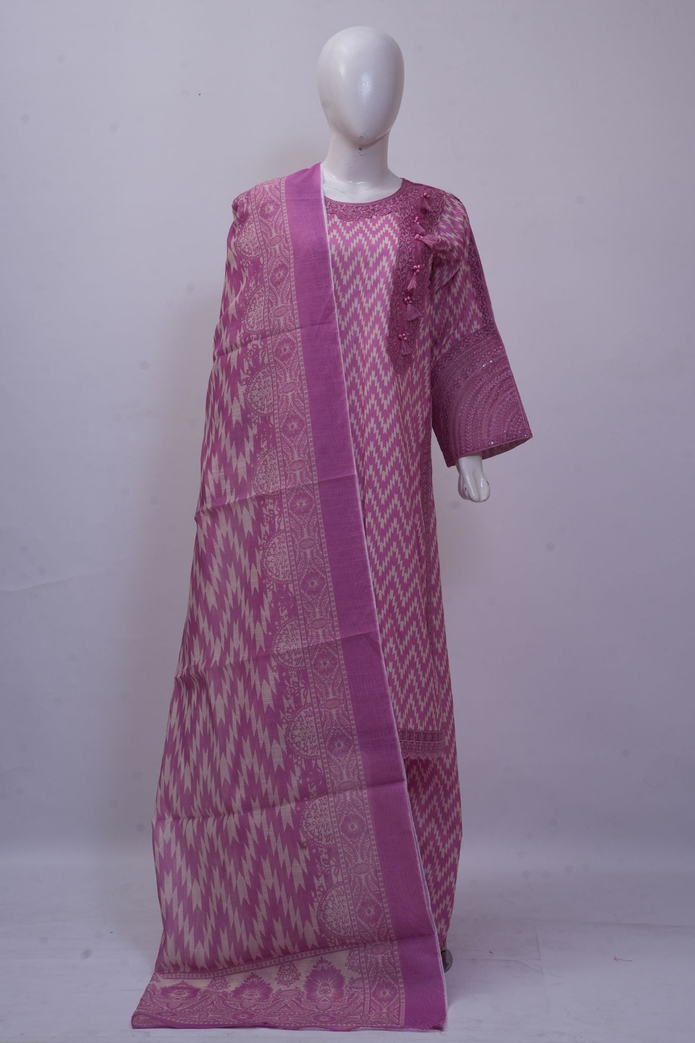 Dusty Rose Pink Ikat Printed 3-Piece Stitched Suit