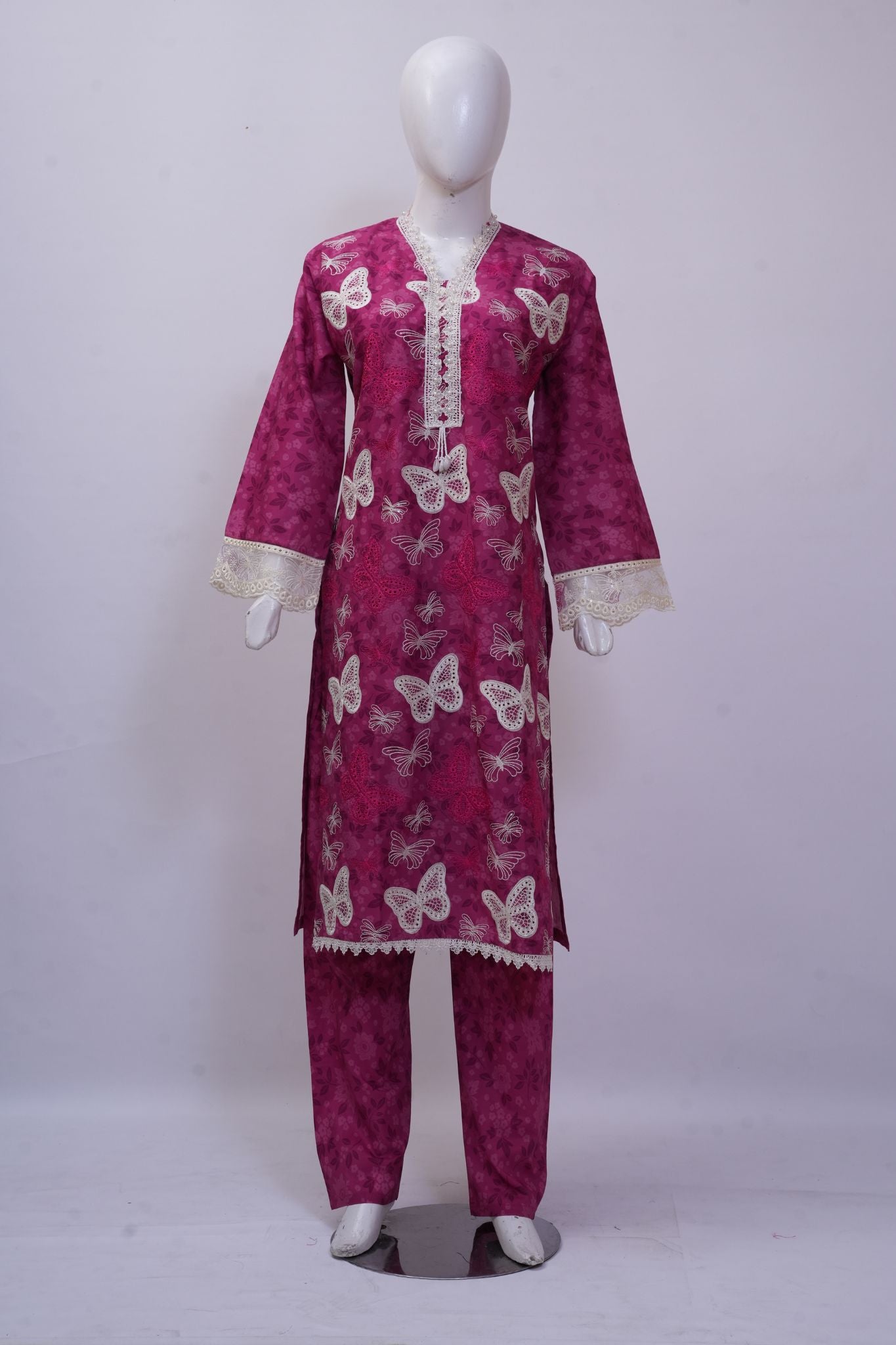 Magenta Butterfly Schiffli Embroidered 3-Piece Stitched Suit