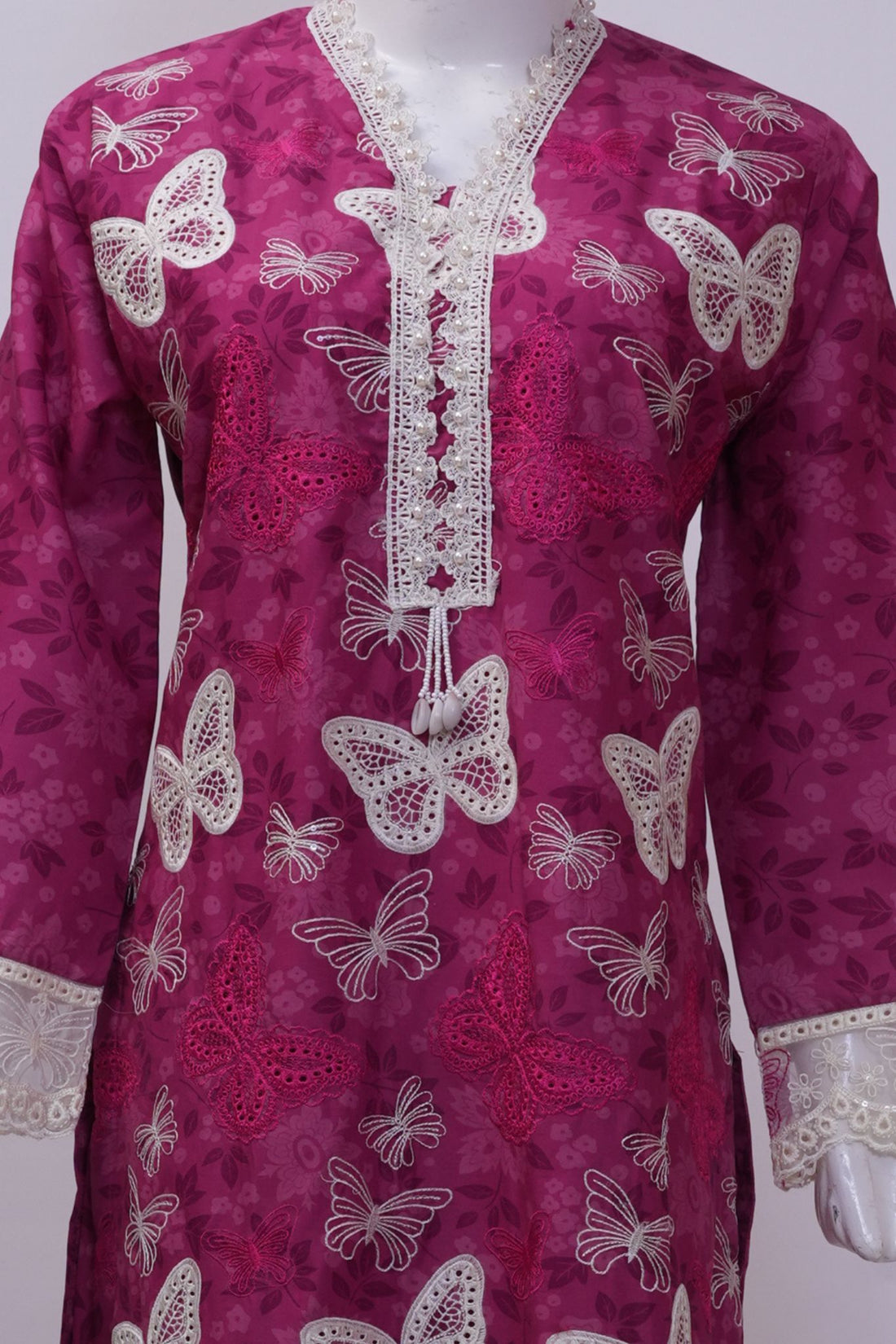 Magenta Butterfly Schiffli Embroidered 3-Piece Stitched Suit