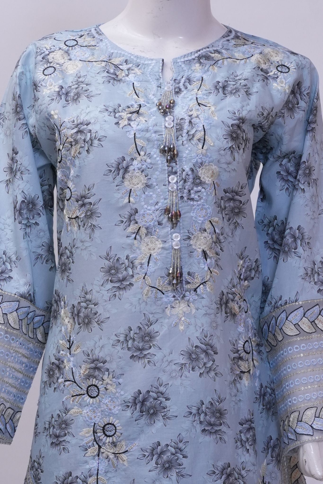 Ice Blue Floral Embroidered 3-Piece Stitched Suit