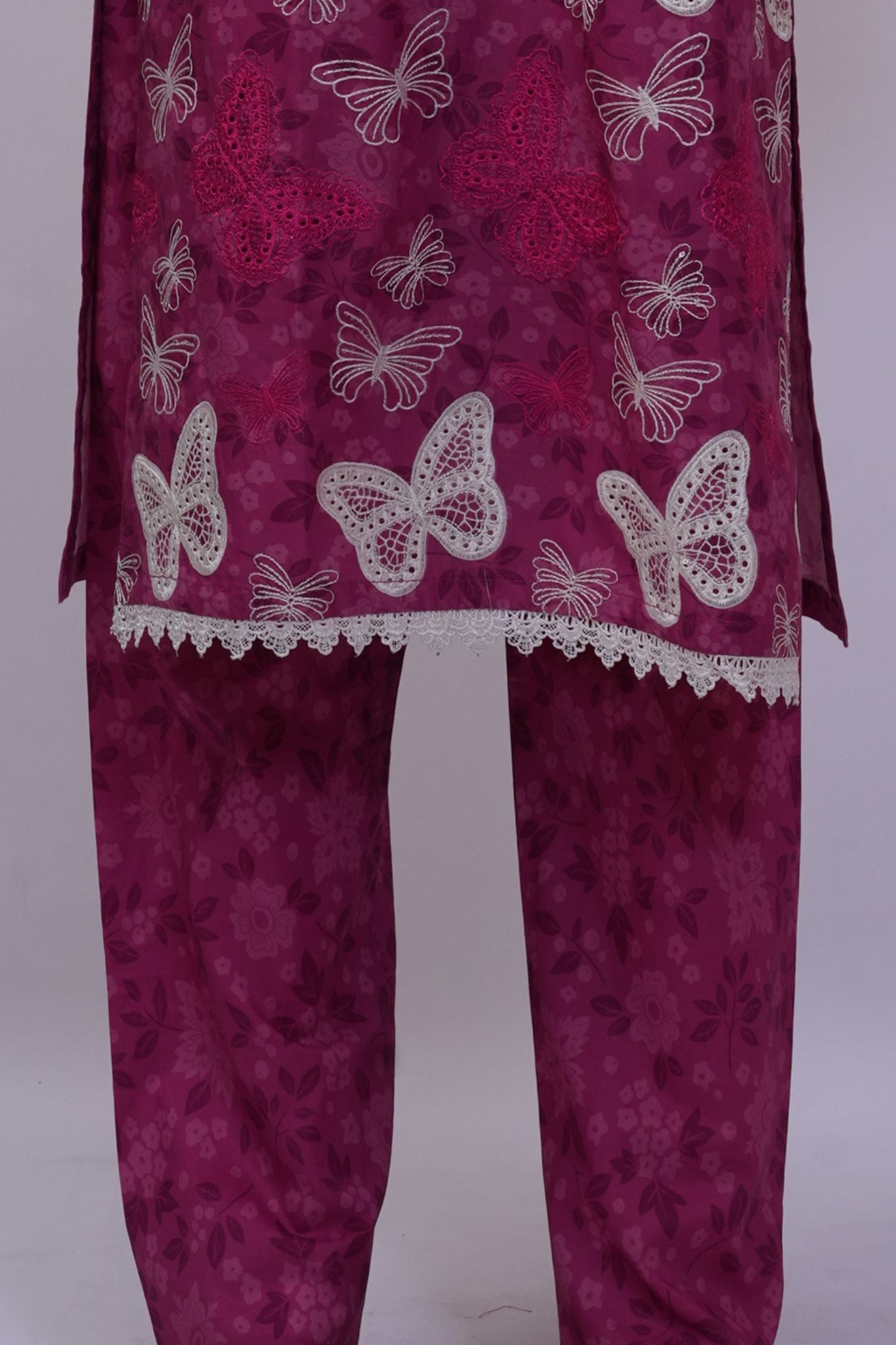 Magenta Butterfly Schiffli Embroidered 3-Piece Stitched Suit