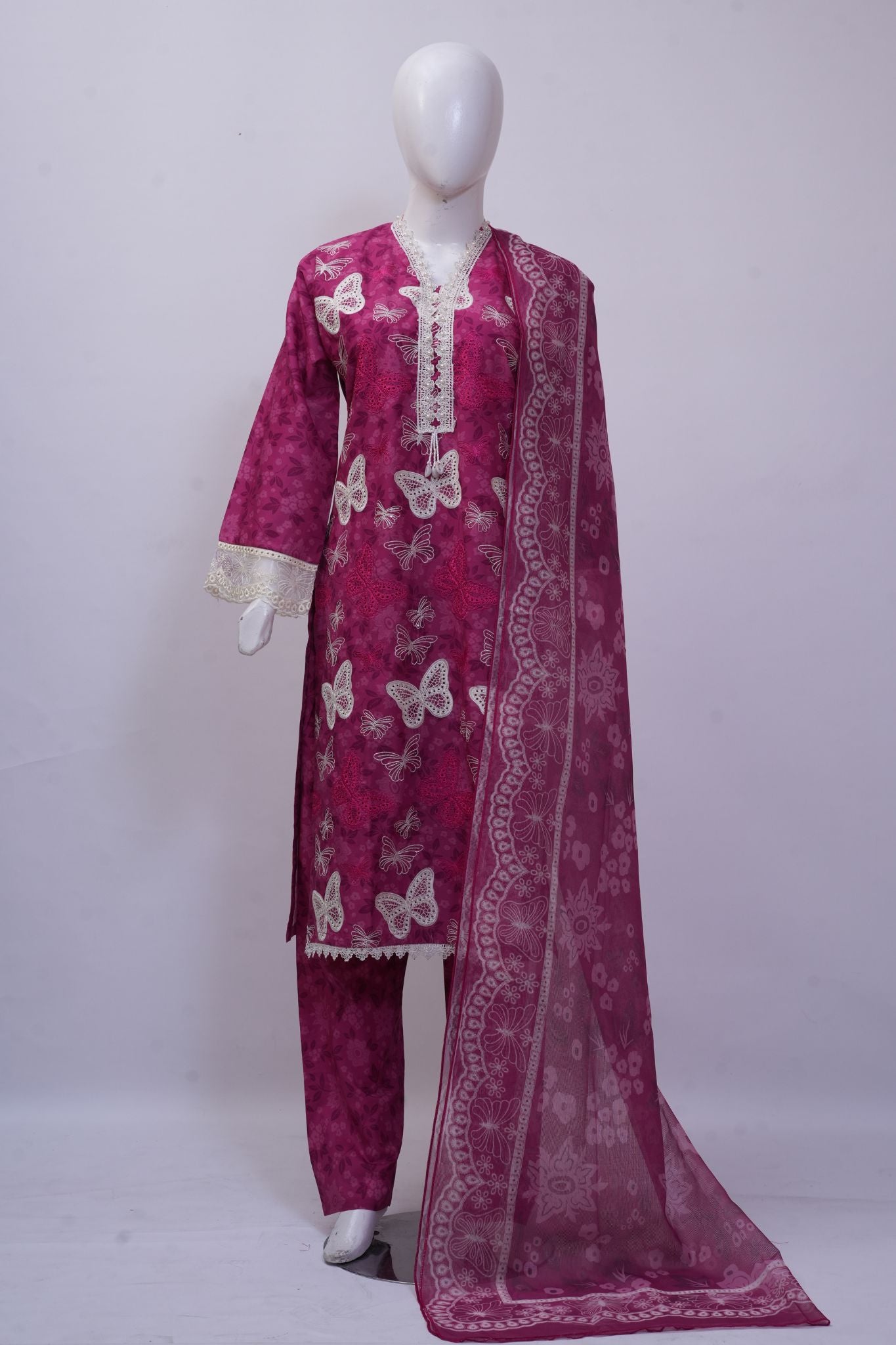 Magenta Butterfly Schiffli Embroidered 3-Piece Stitched Suit