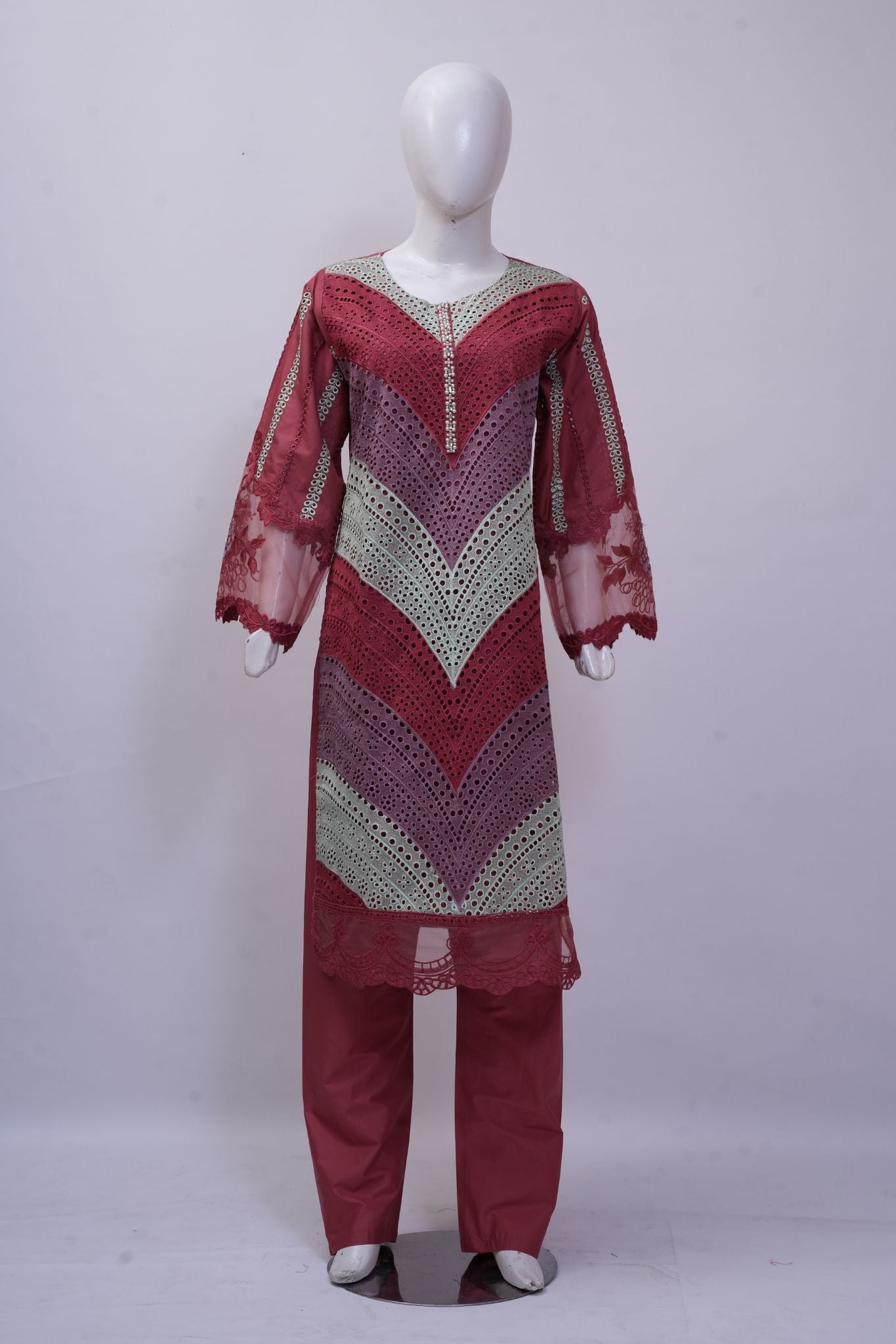 Rust Red & Mint Chevron Schiffli 3-Piece Stitched Suit