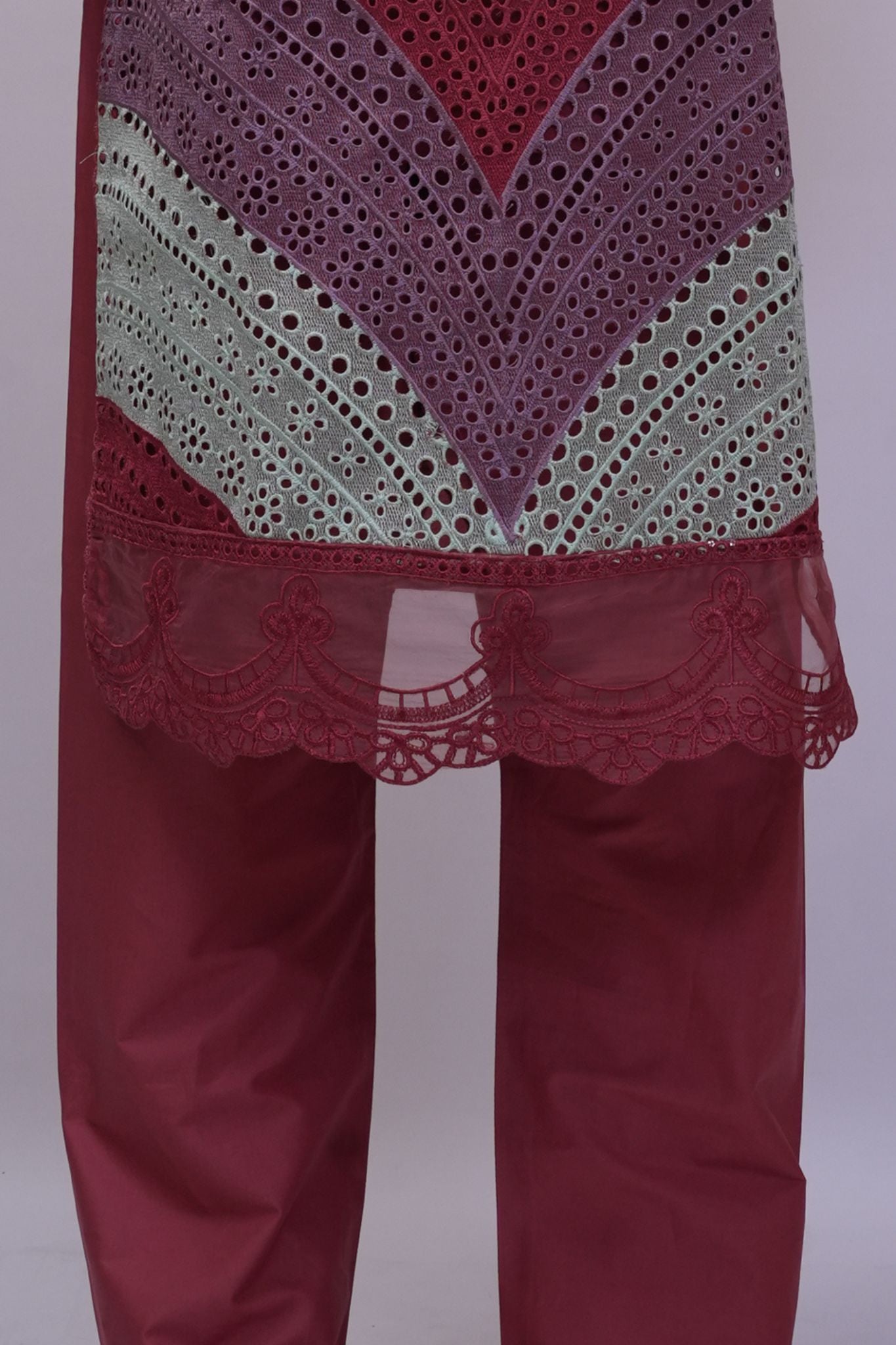 Rust Red & Mint Chevron Schiffli 3-Piece Stitched Suit