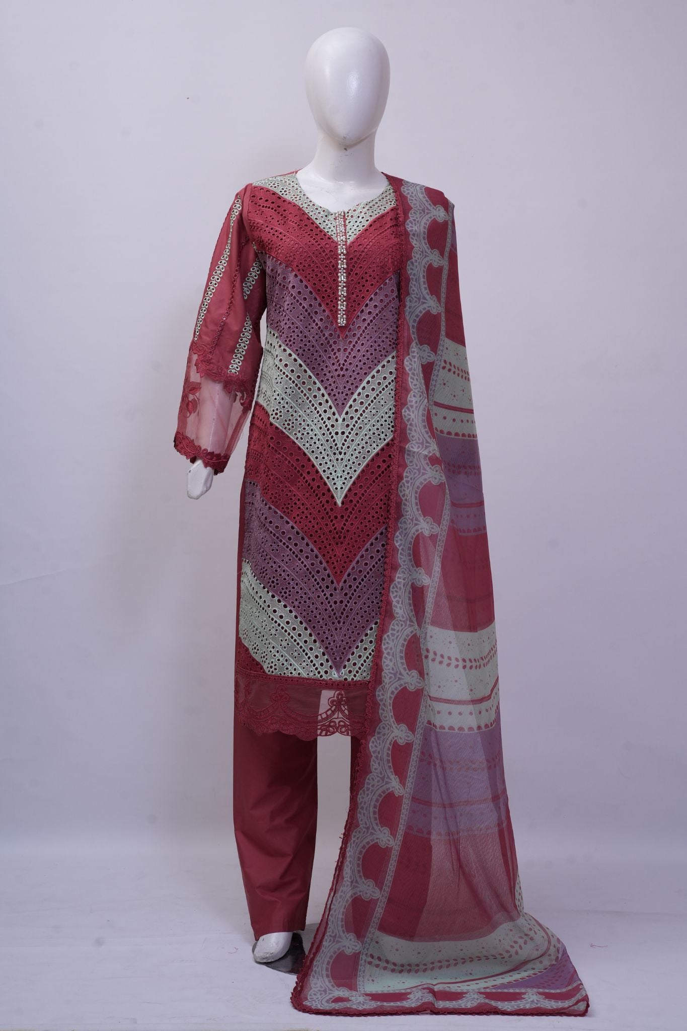 Rust Red & Mint Chevron Schiffli 3-Piece Stitched Suit