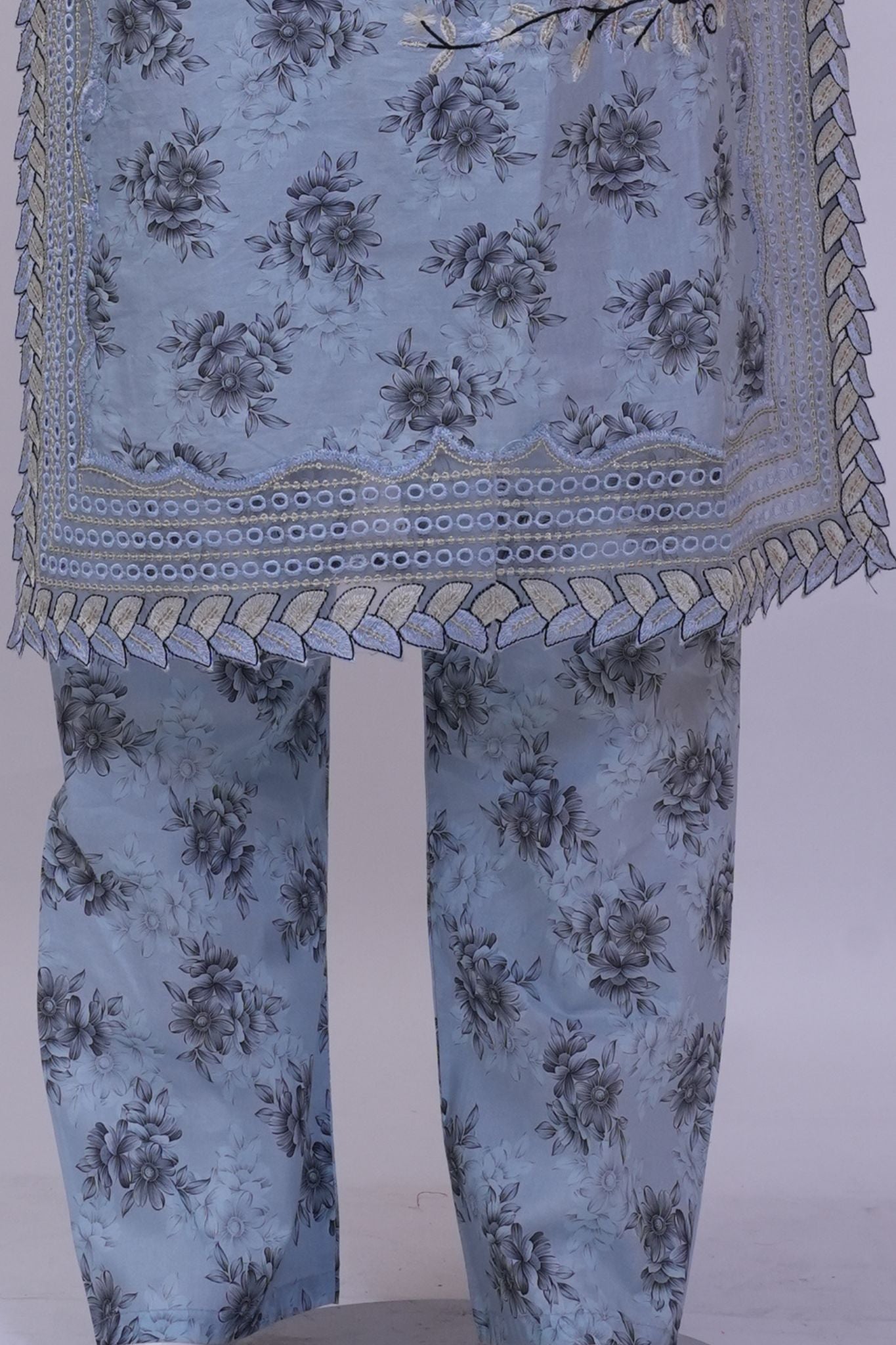 Ice Blue Floral Embroidered 3-Piece Stitched Suit