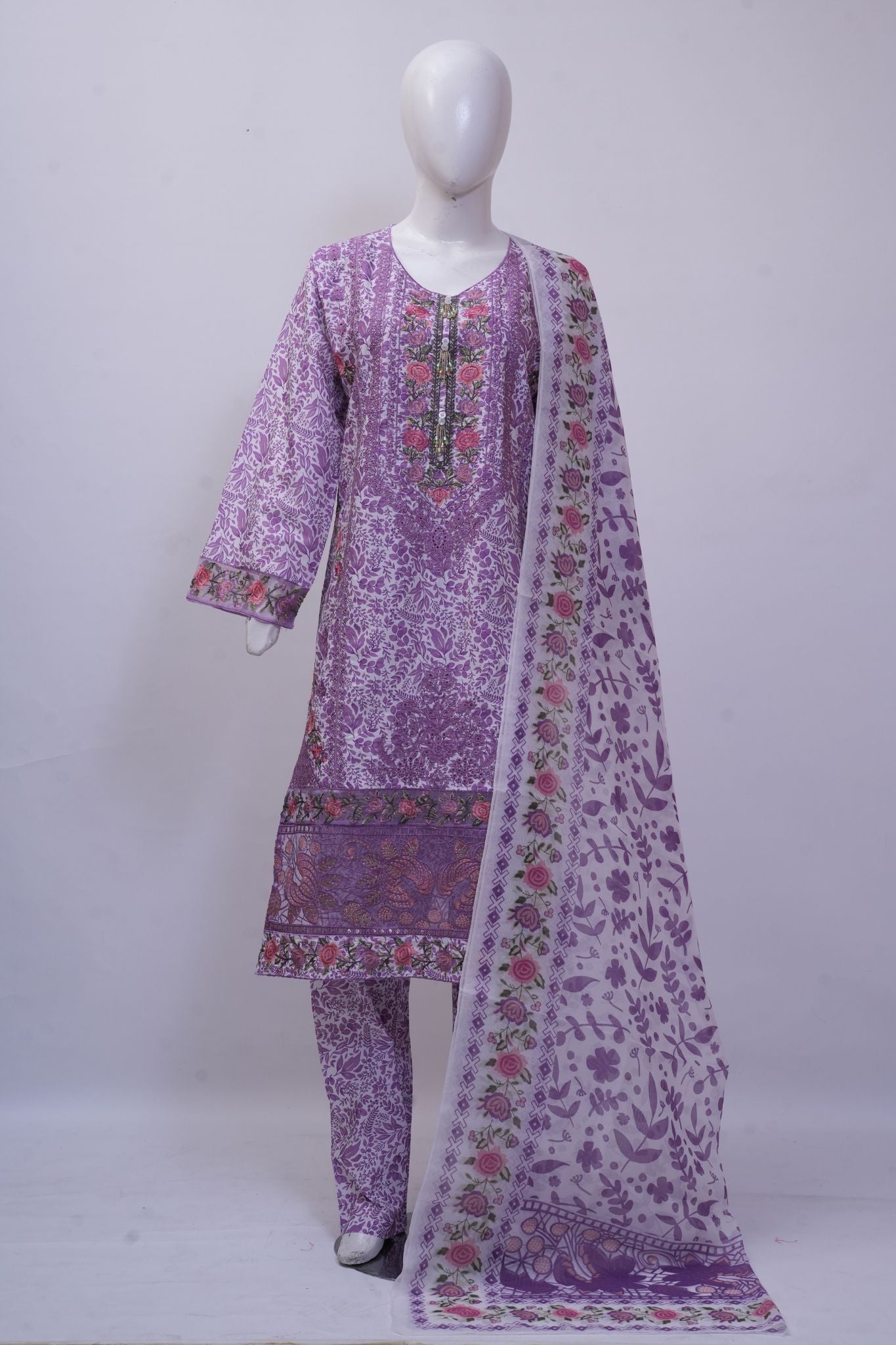 Lilac Lavender Floral Embroidered 3-Piece Stitched Suit