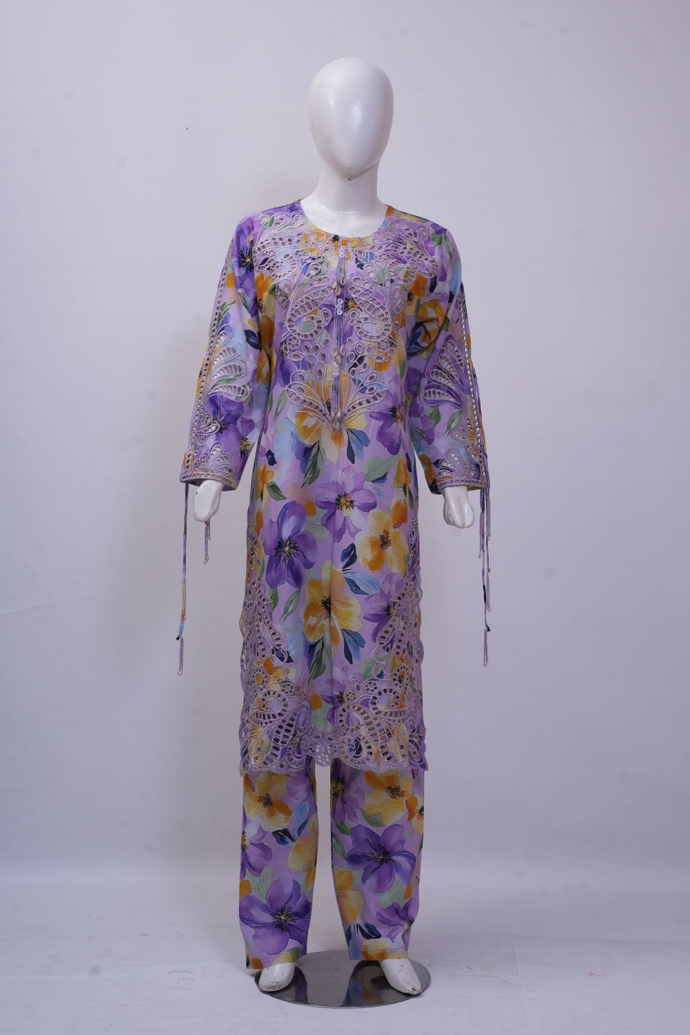 Purple Botanical Floral Schiffli Embroidered 3-Piece Stitched Suit