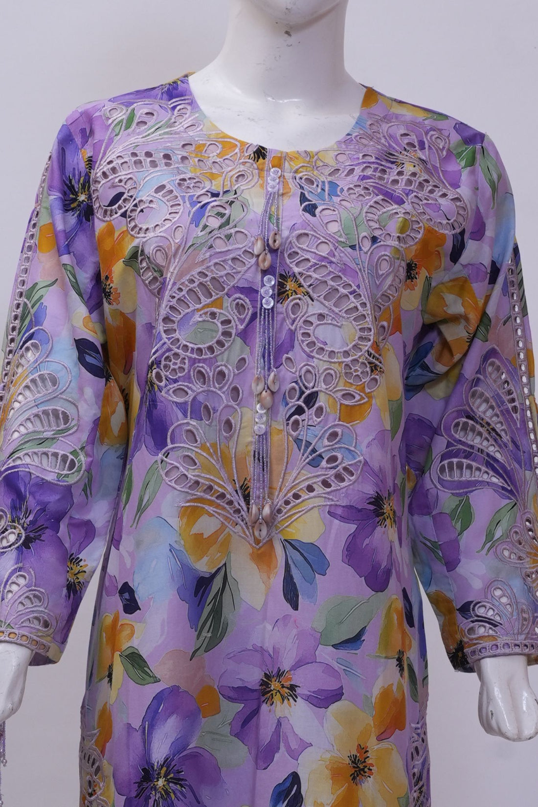 Purple Botanical Floral Schiffli Embroidered 3-Piece Stitched Suit